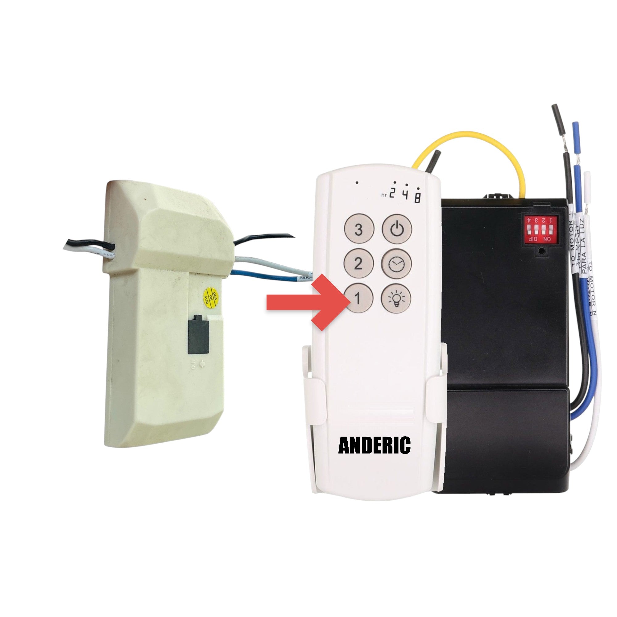 Anderic replacement ceiling fan receiver for Hampton Bay UC7067YKI-25A with wiring and control switch.