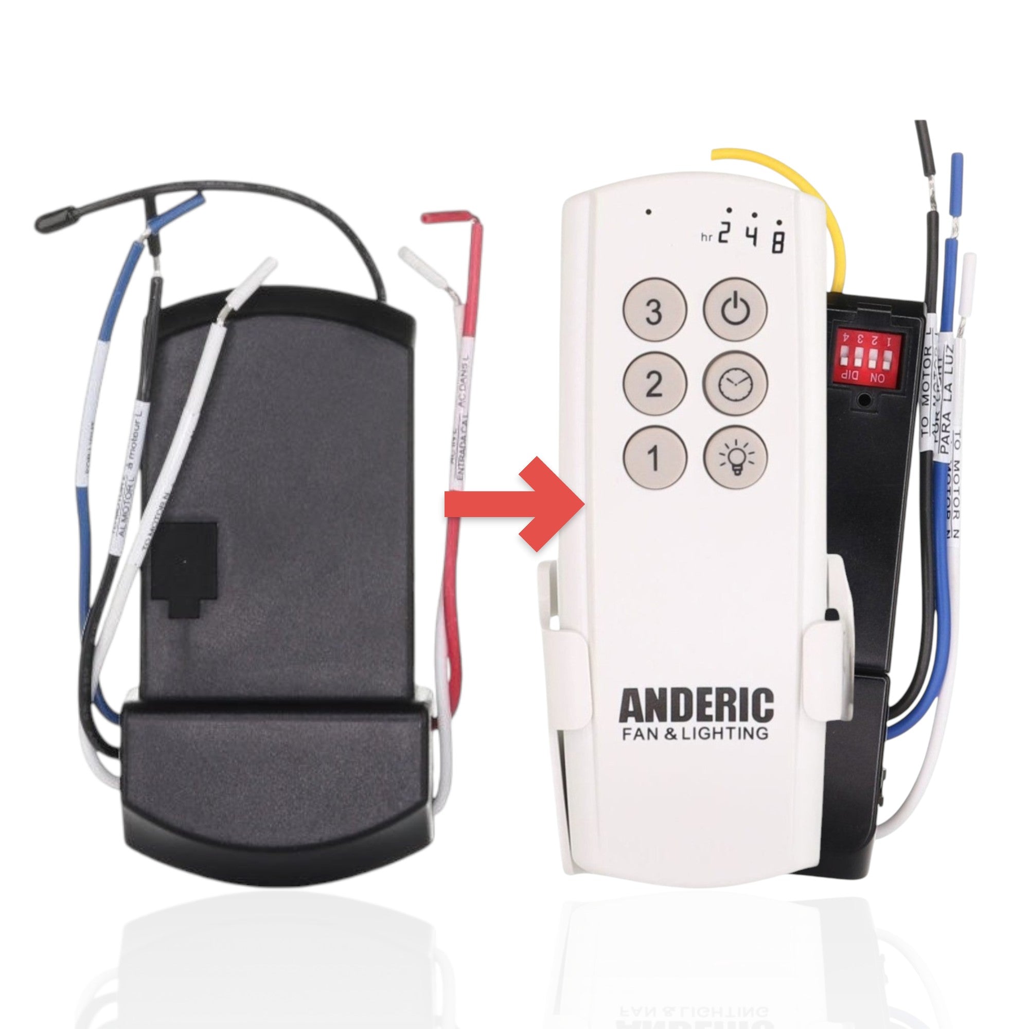 Anderic ceiling fan receiver module for Hampton Bay MR181A-3 with wiring and 304.25 frequency dip switches