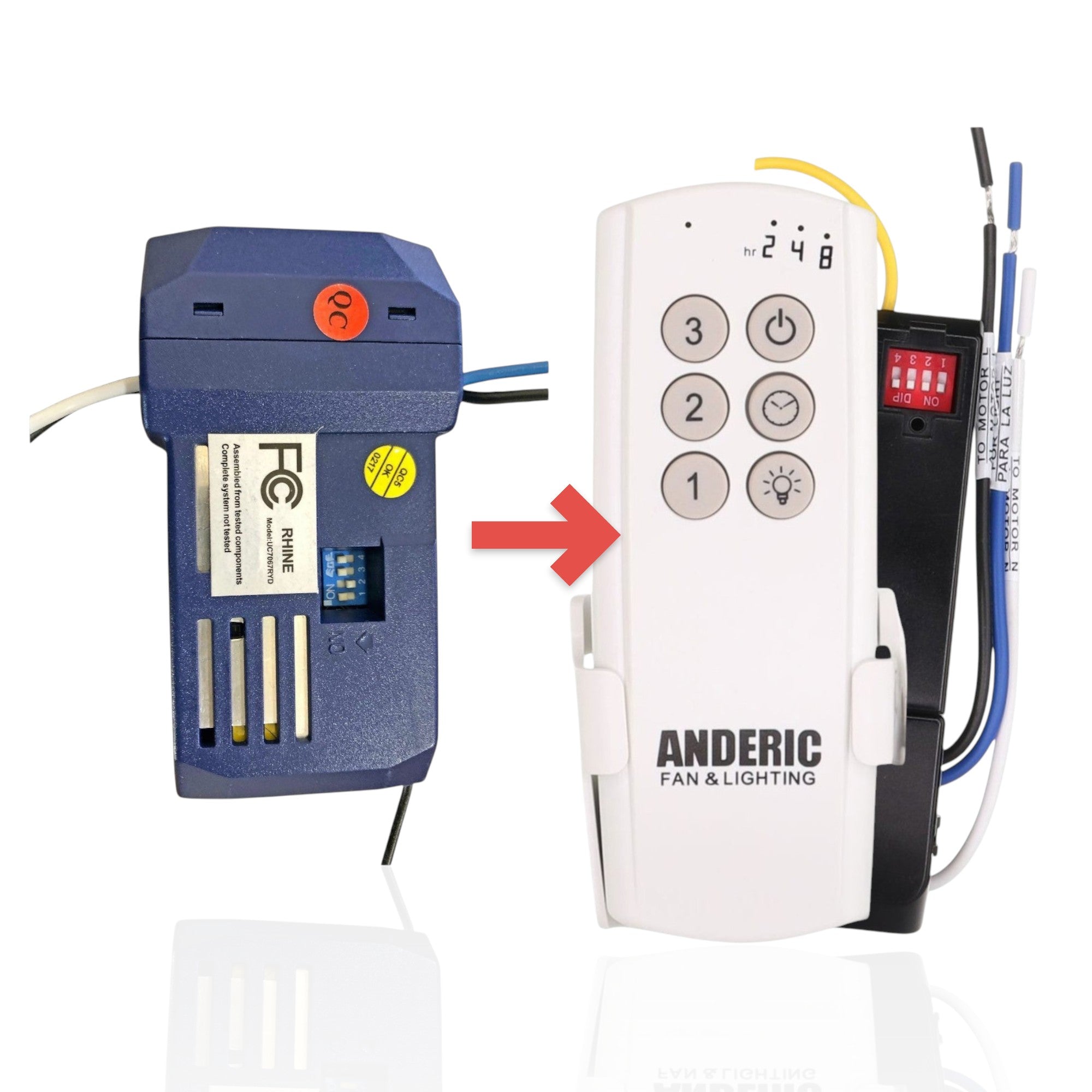 Anderic replacement ceiling fan receiver module for Hampton Bay UC7067RYD with blue plastic housing and DIP switches.