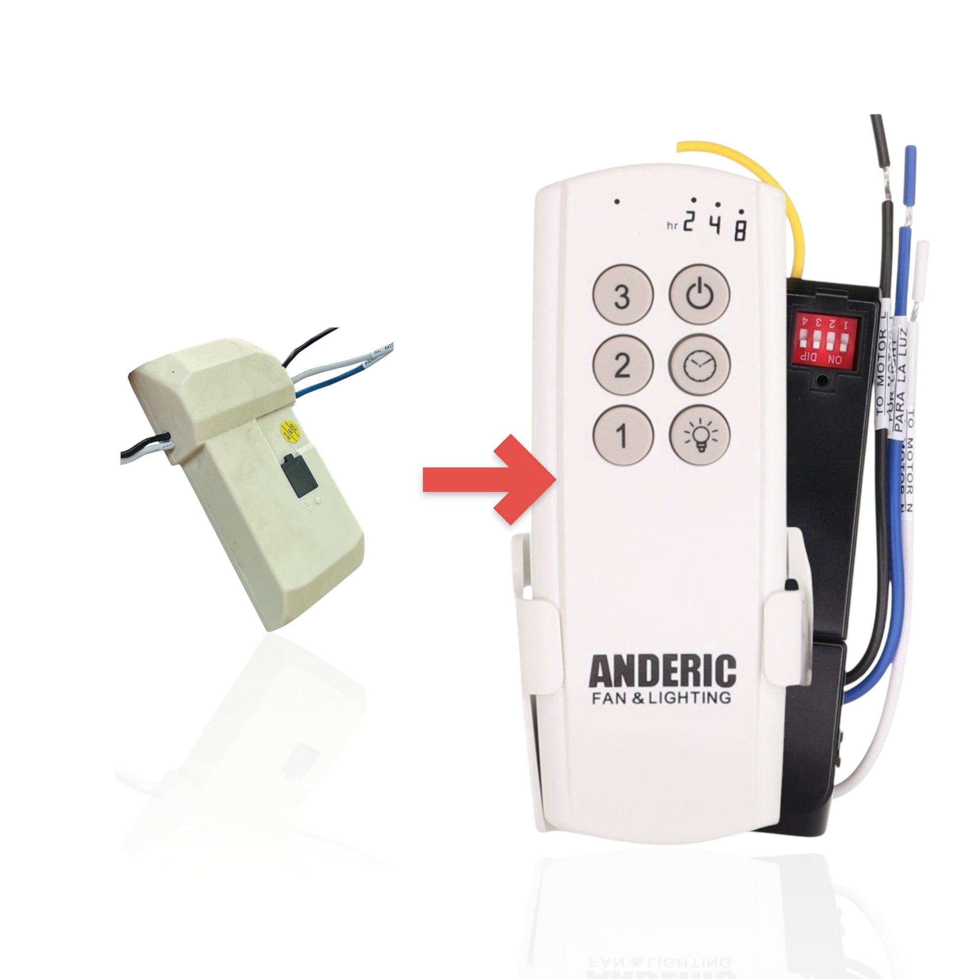 Anderic replacement ceiling fan receiver module for Hampton Bay fans with 6 and 8 channel compatibility.