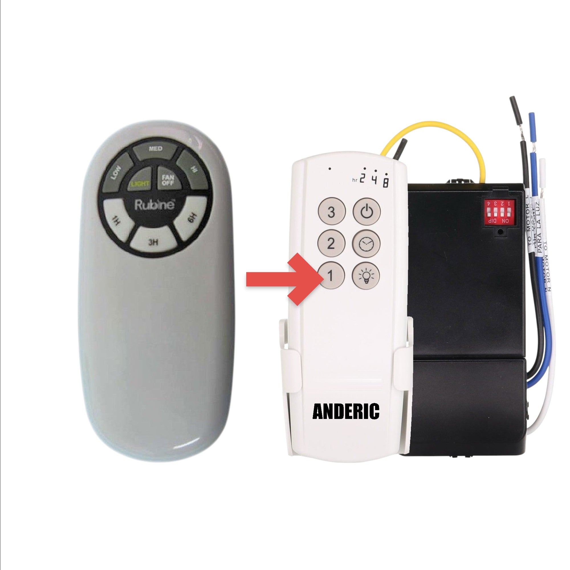 Anderic replacement remote control for Hampton Bay DL4103T01 ceiling fans with fan speed and light dimming buttons.