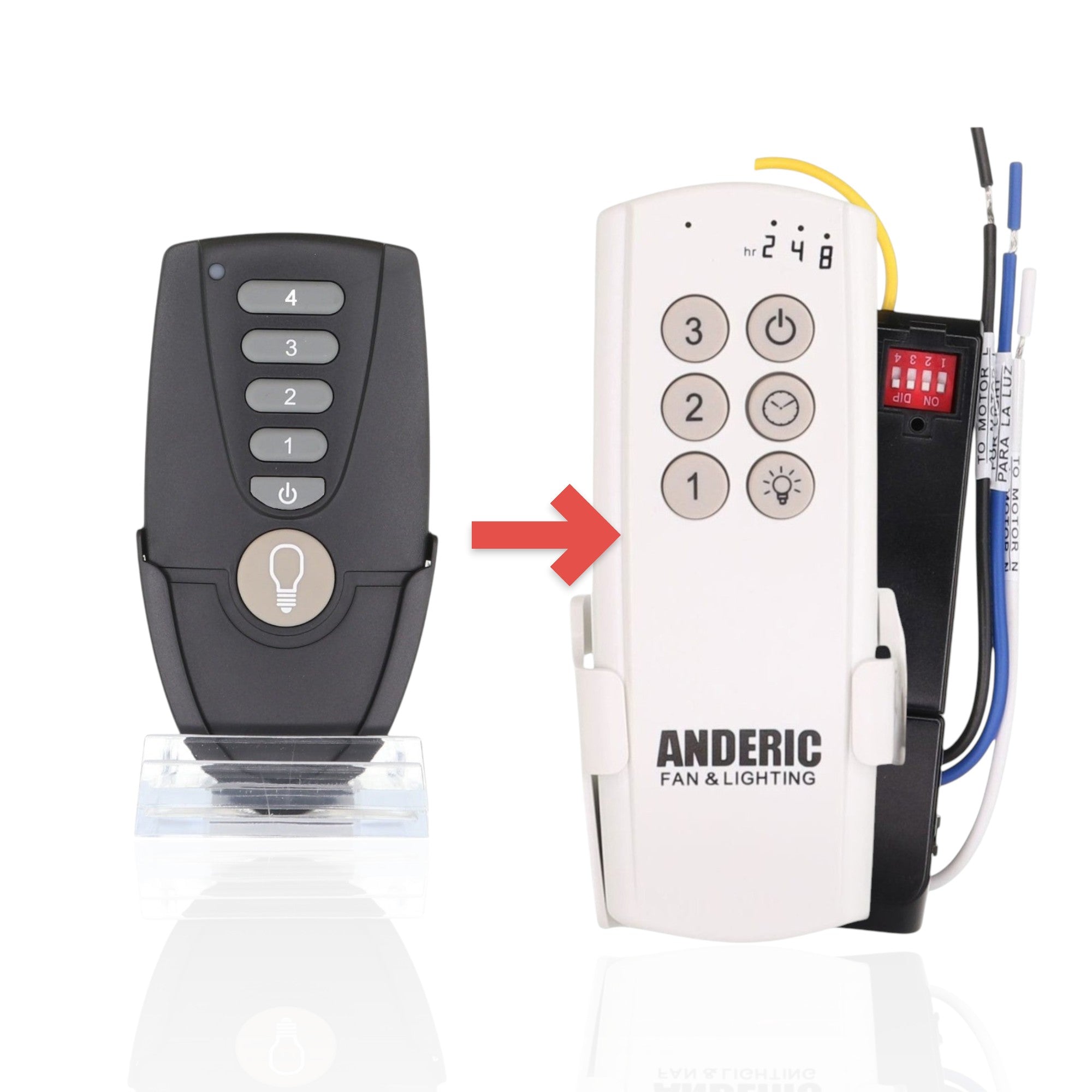 Anderic 4-speed ceiling fan remote control for Hampton Bay TR171A in black with light button and speed settings.