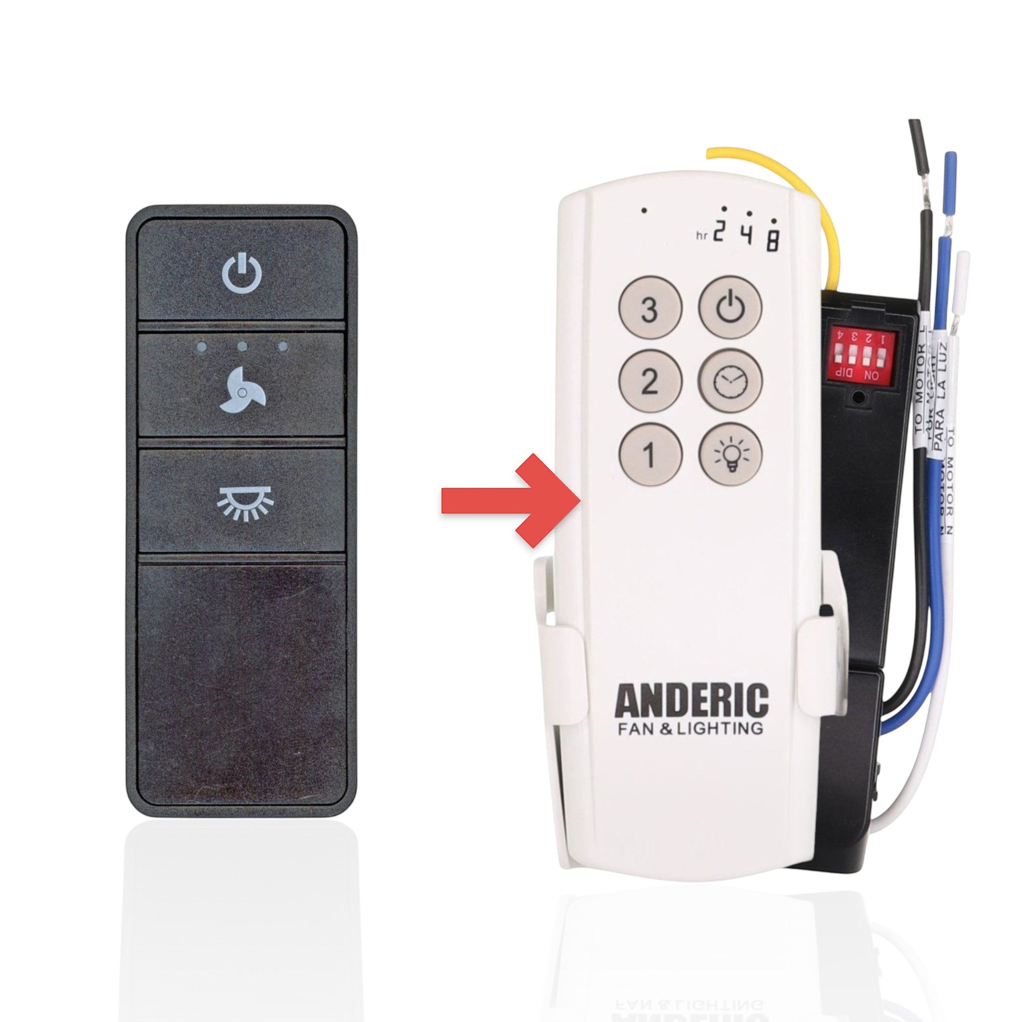 Anderic replacement remote control for Hampton Bay ceiling fans with fan speed and light dimming buttons.