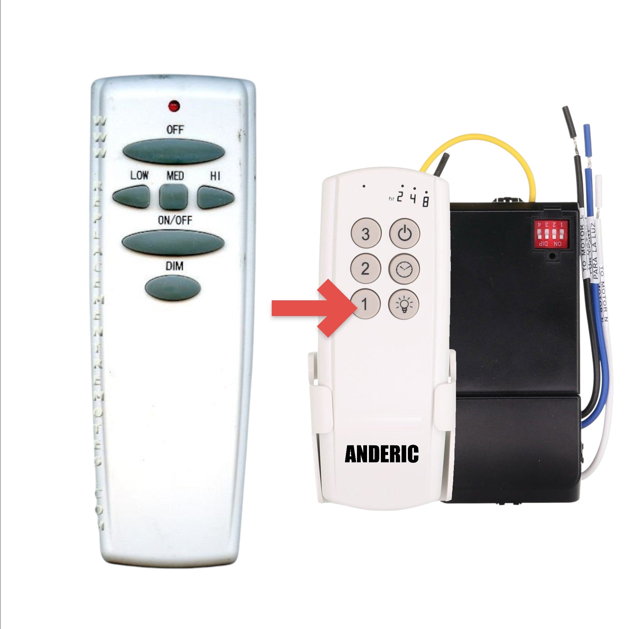 Anderic replacement remote for Hampton Bay KUJ9304 ceiling fan with speed and light dimming controls