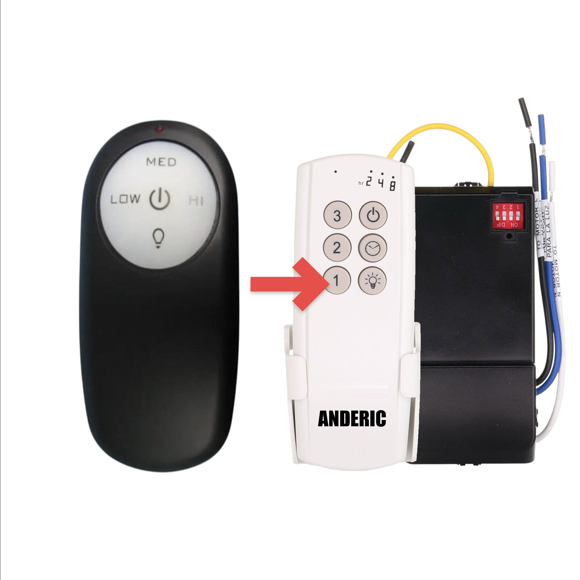 Anderic black handheld ceiling fan remote control for Harbor Breeze DL4112T with speed and light dimming buttons.