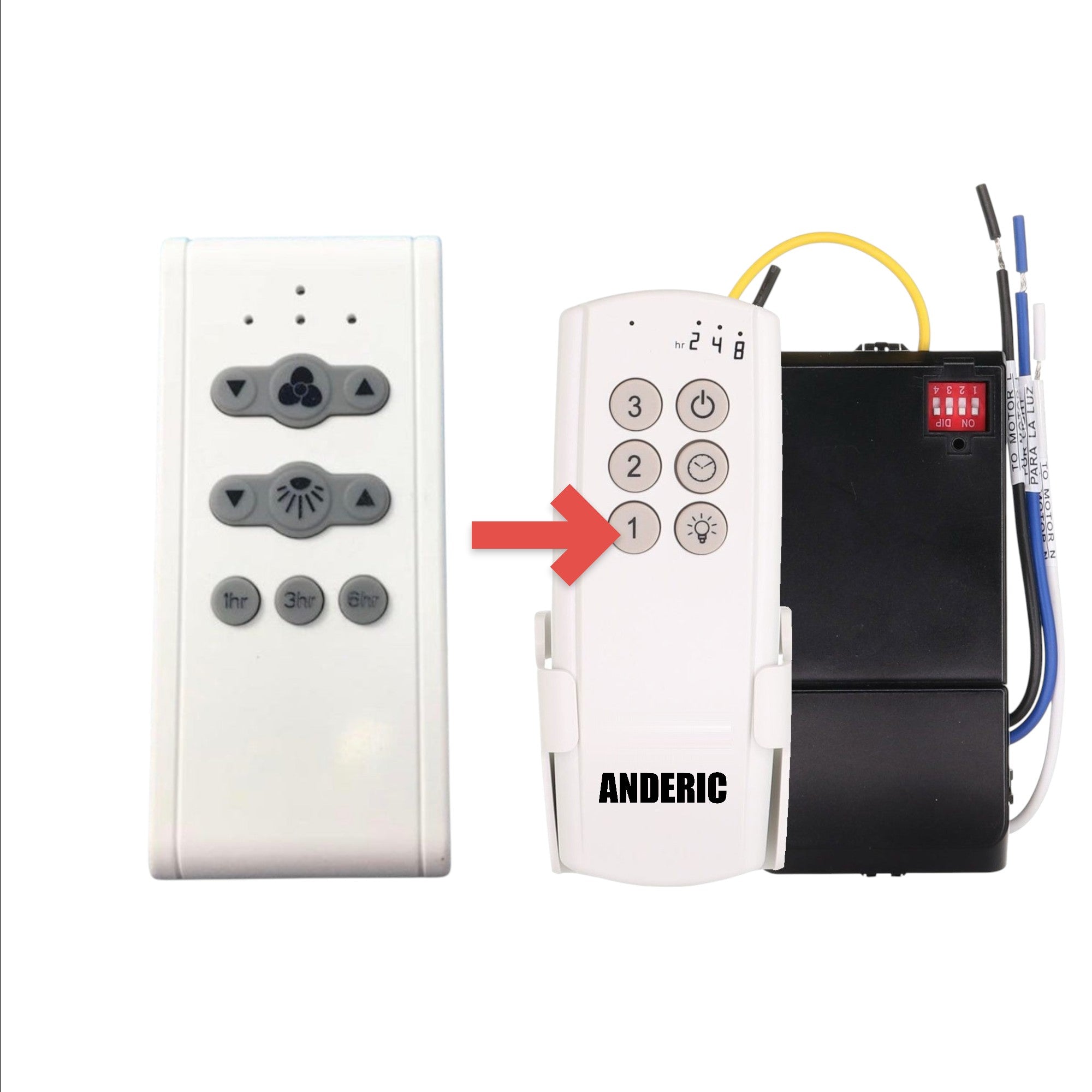 Anderic white replacement remote control for Harbor Breeze ceiling fans with fan speed, light, and timer buttons.