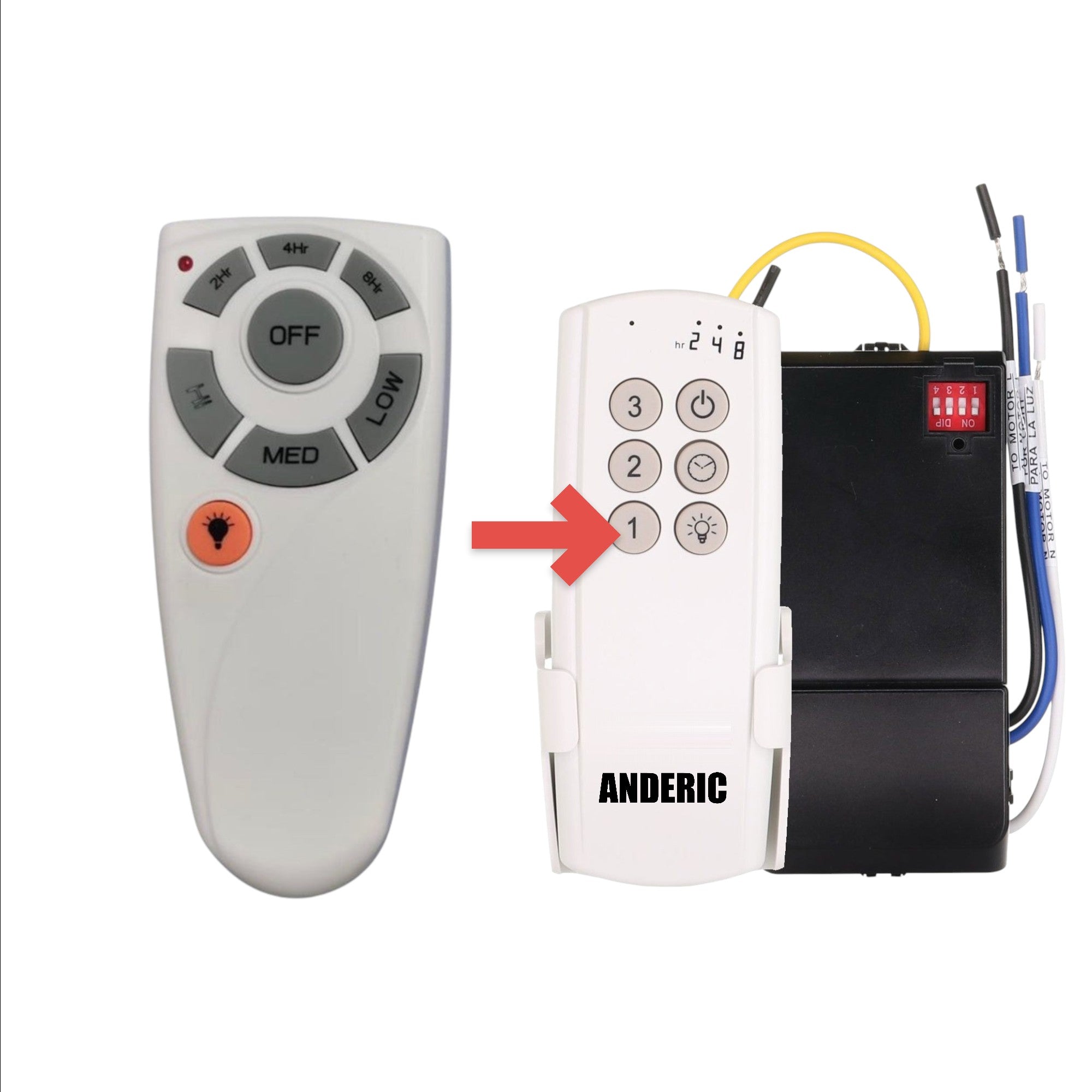 Anderic replacement remote for Harbor Breeze ceiling fans with speed, light, and timer buttons in white and grey.