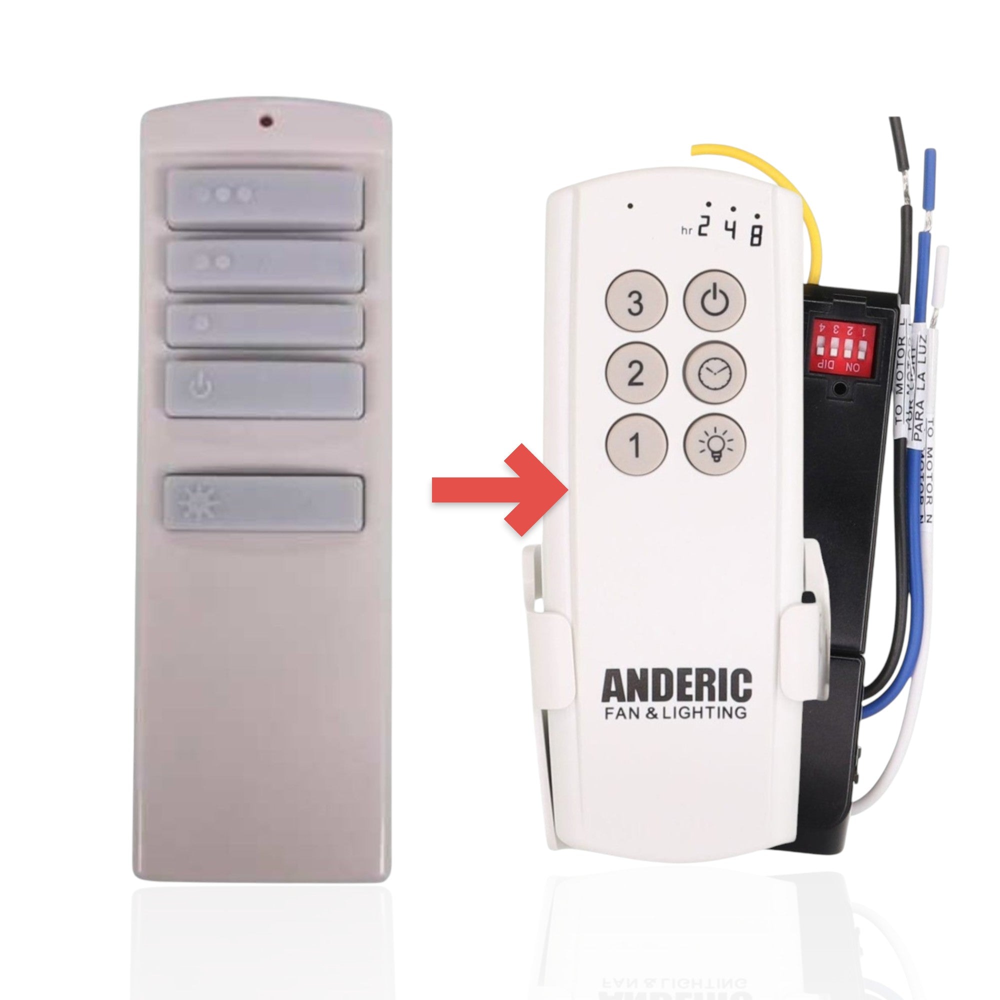 Anderic white ceiling fan remote control replacement for Harbor Breeze ZJF-RT01A with five rectangular buttons.