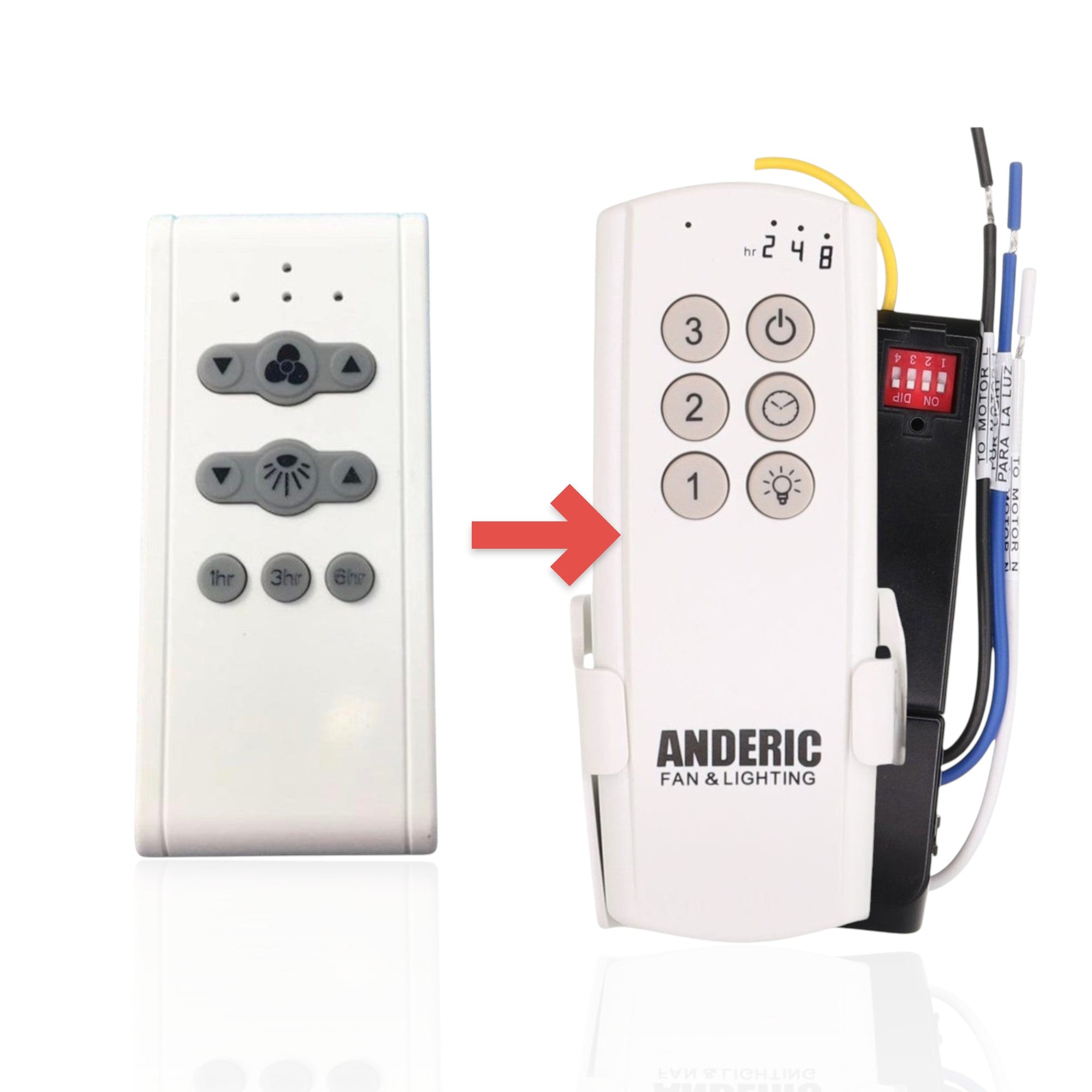 Anderic replacement remote control for Harbor Breeze ceiling fans with fan speed, light dimming, and timer buttons.