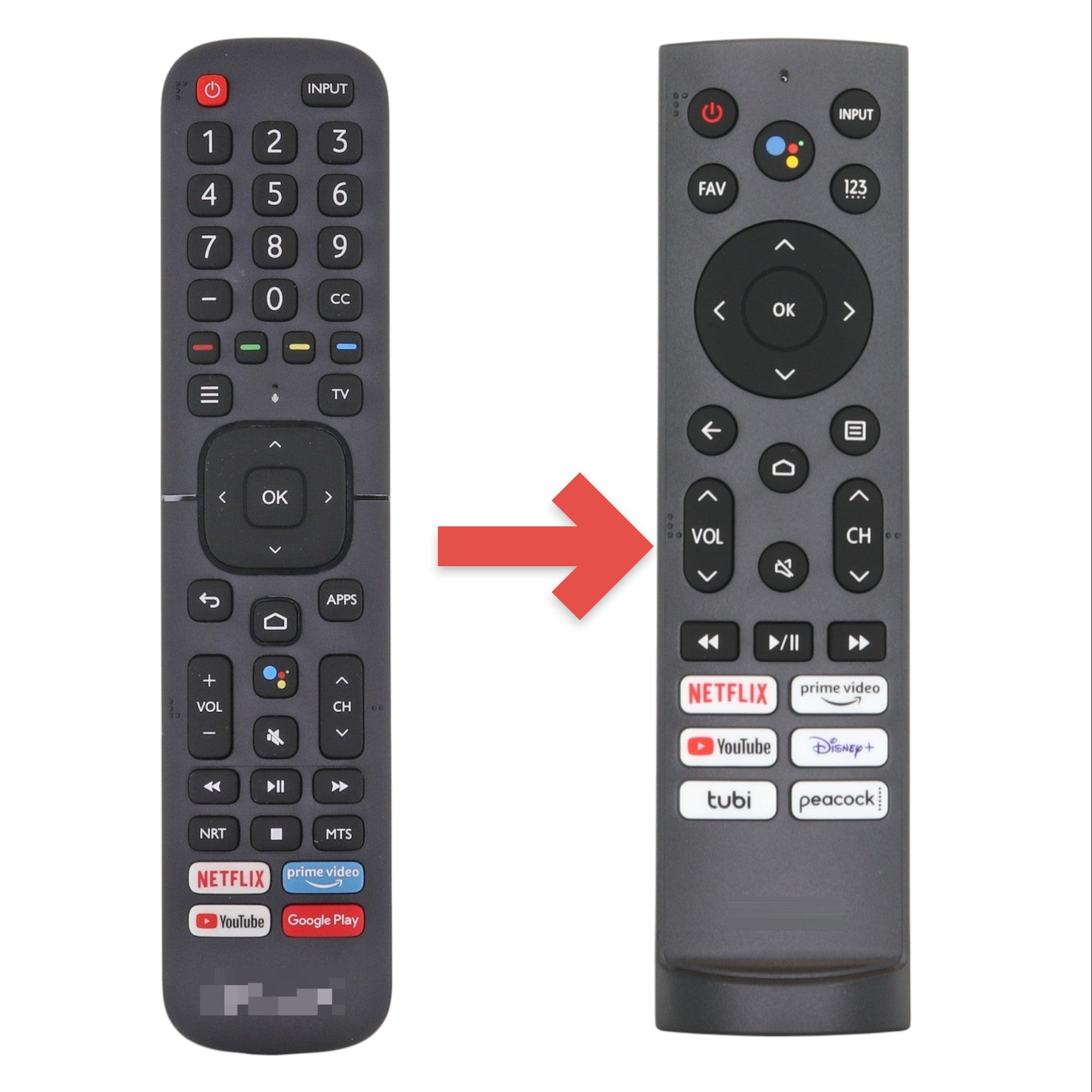Anderic ERF3A90 replacement remote control for Hisense Android TV with voice command and dedicated streaming buttons.