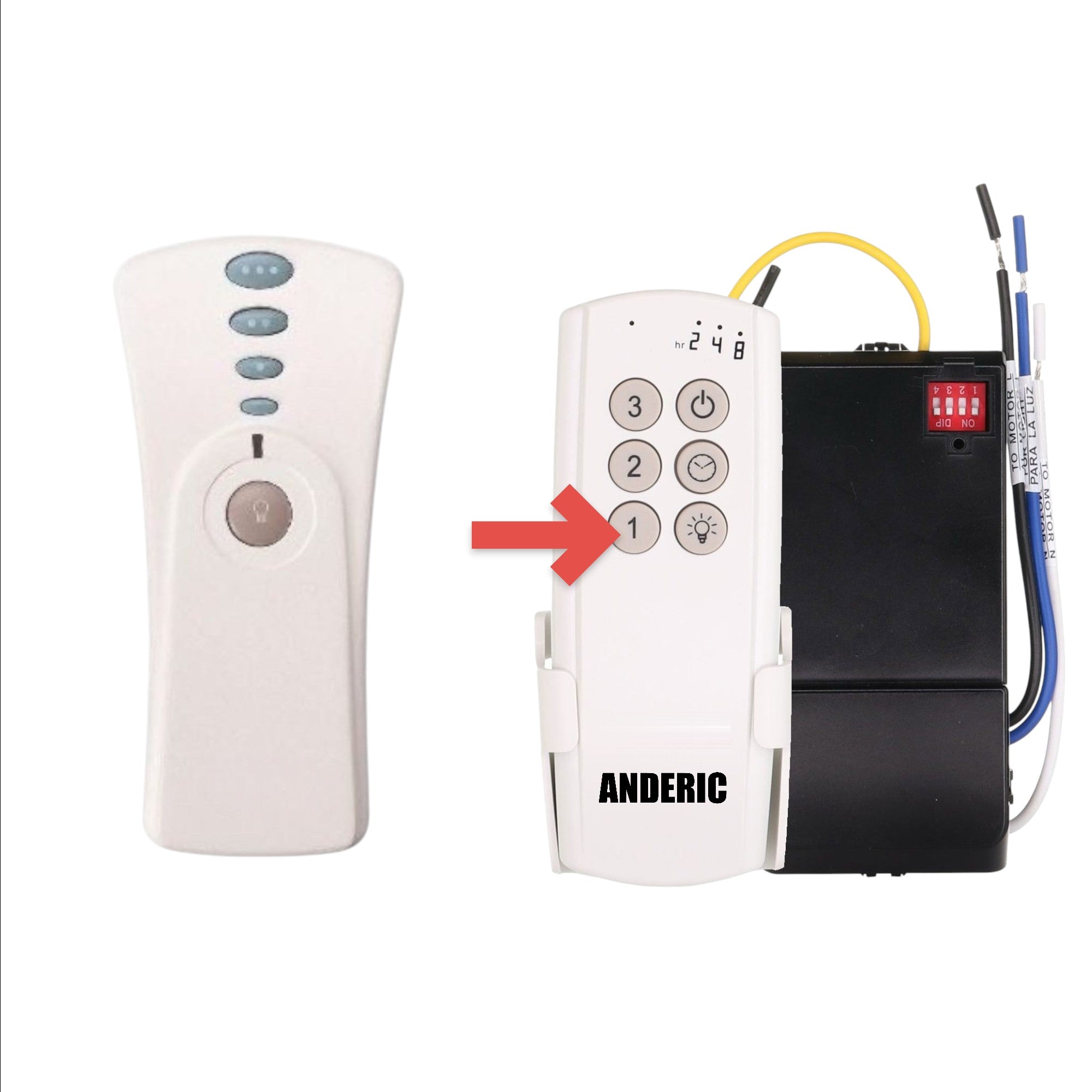 Anderic replacement remote control for Hunter 27227 ceiling fans with wall mount bracket and light dimming buttons.
