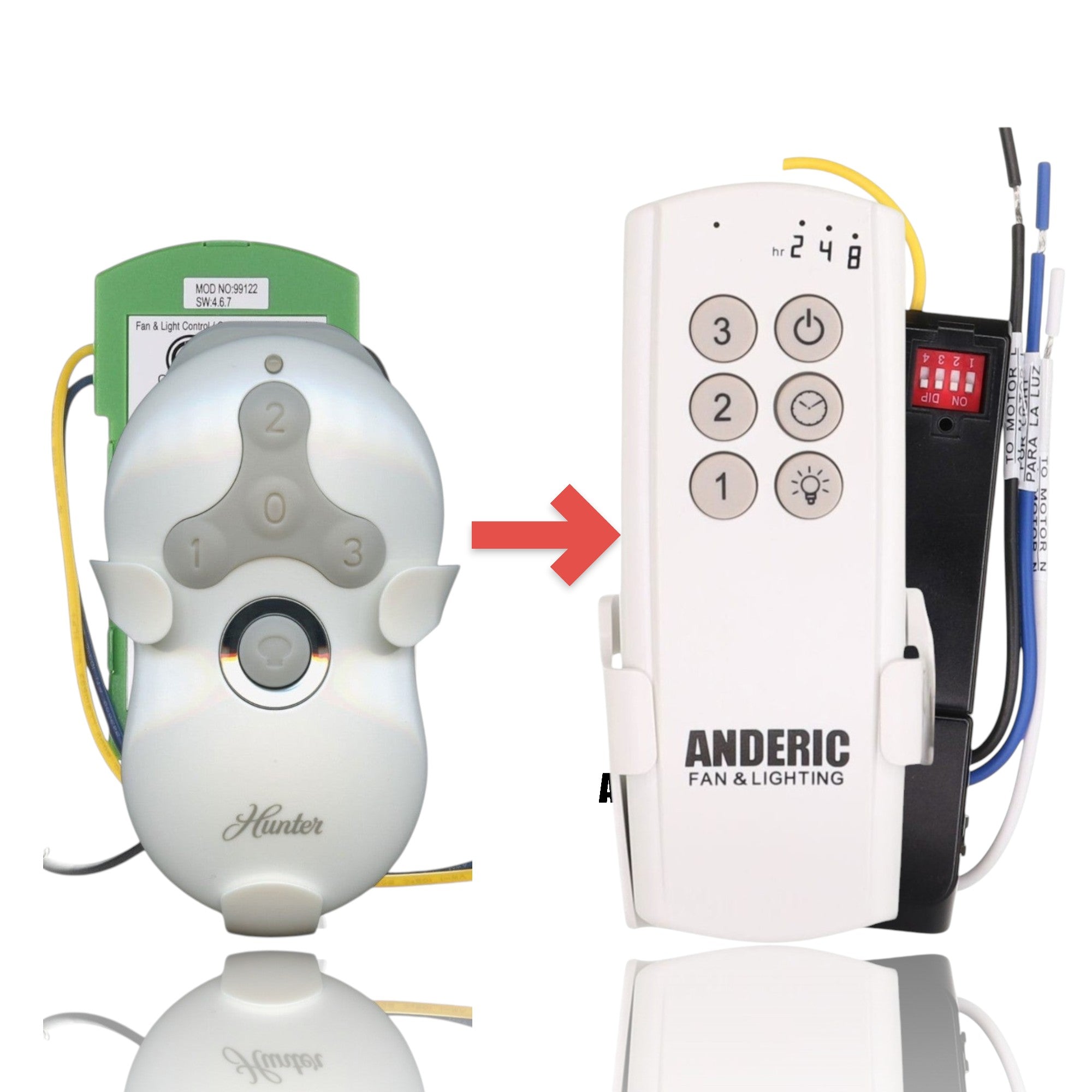 Anderic ceiling fan receiver and remote control kit for Hunter 99122 systems with white plastic housing