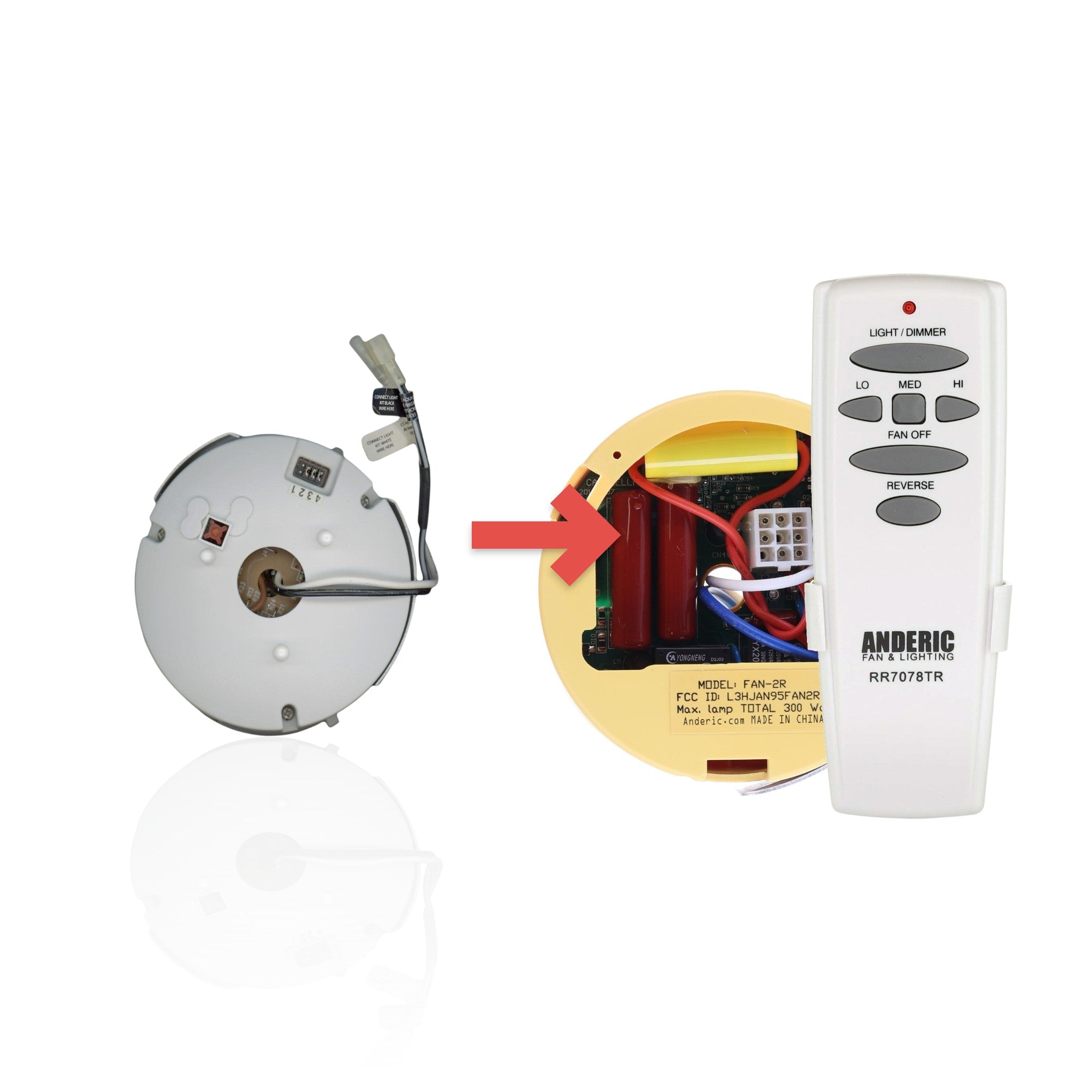 Anderic replacement ceiling fan receiver for Hunter 85112-03 with wiring harness and dip switch settings