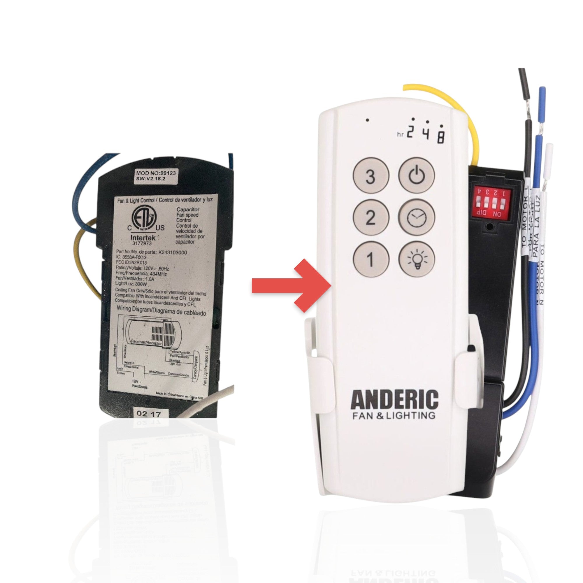 Anderic ceiling fan receiver unit for Hunter 99123 replacement with wiring diagram and technical specifications label.