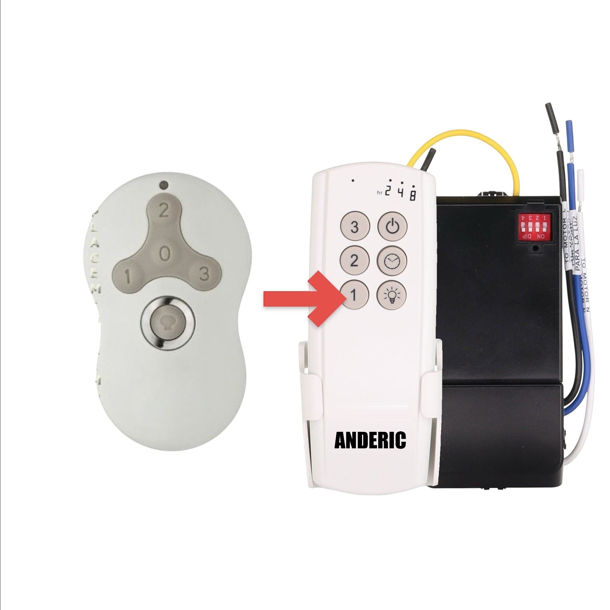 Anderic replacement remote for Hunter K047402 ceiling fan with speed and light control buttons.