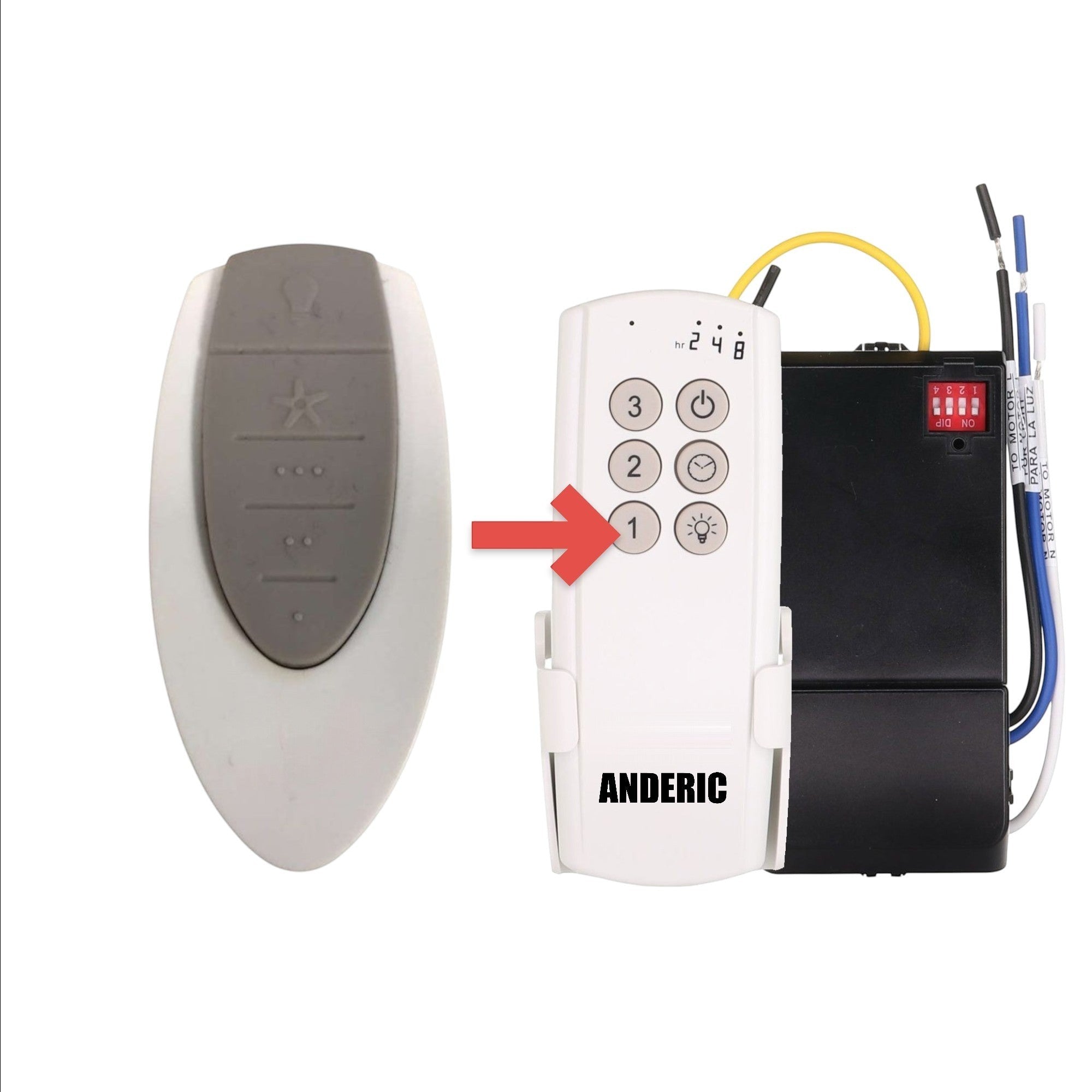 Anderic replacement remote for Hunter 99116 IN2TX36 ceiling fan with light dimming and speed control buttons.