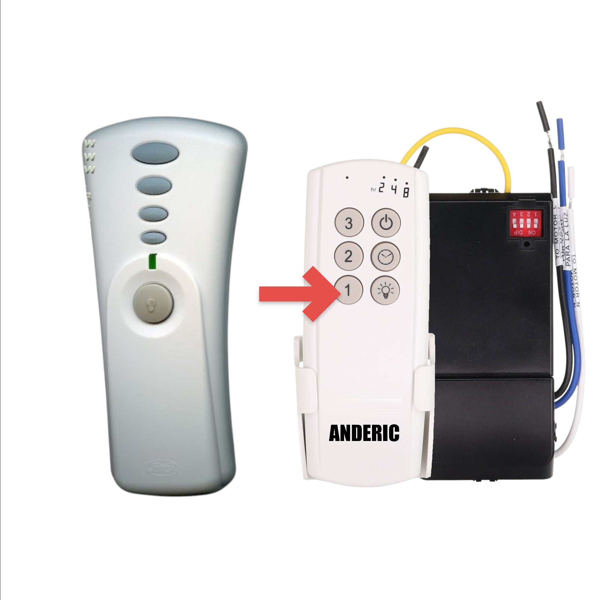 Anderic replacement remote control for Hunter 350 MHz ceiling fans with speed and light dimming buttons.