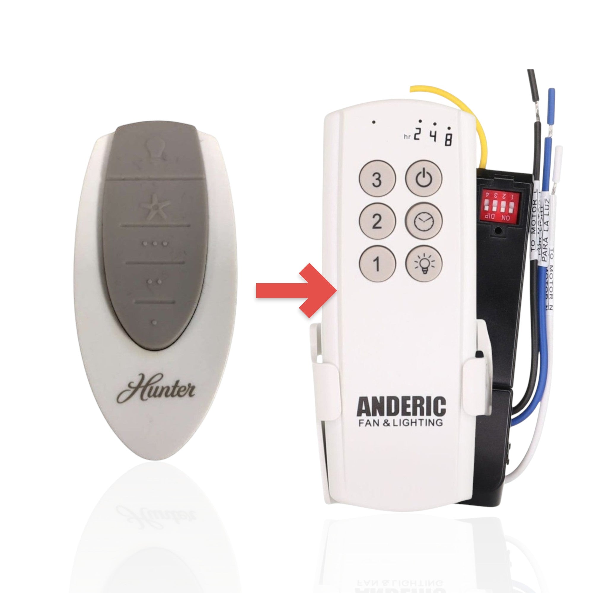 Anderic replacement remote control for Hunter ceiling fans with grey buttons and white casing.