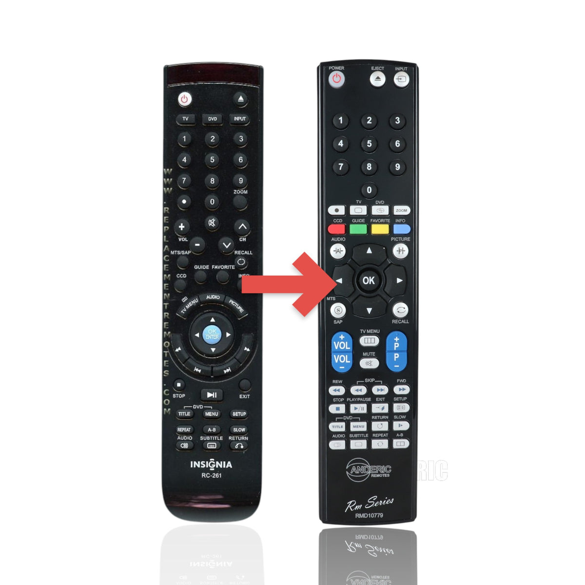 Anderic replacement remote control for Insignia and Dynex TV/DVD combo units with dedicated playback and menu buttons.