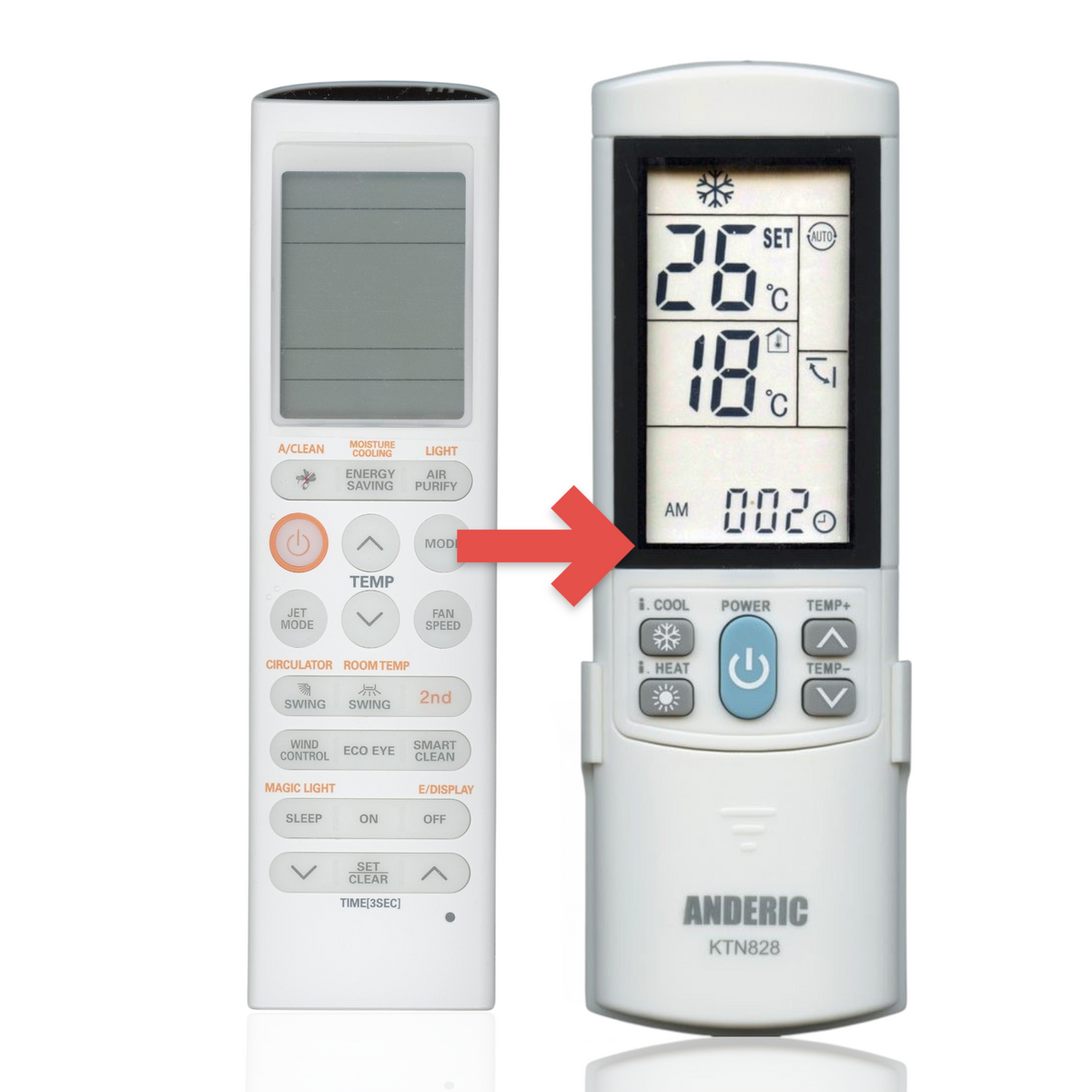 Anderic KTN828 white universal air conditioner remote control with backlit LCD screen and wall mount bracket
