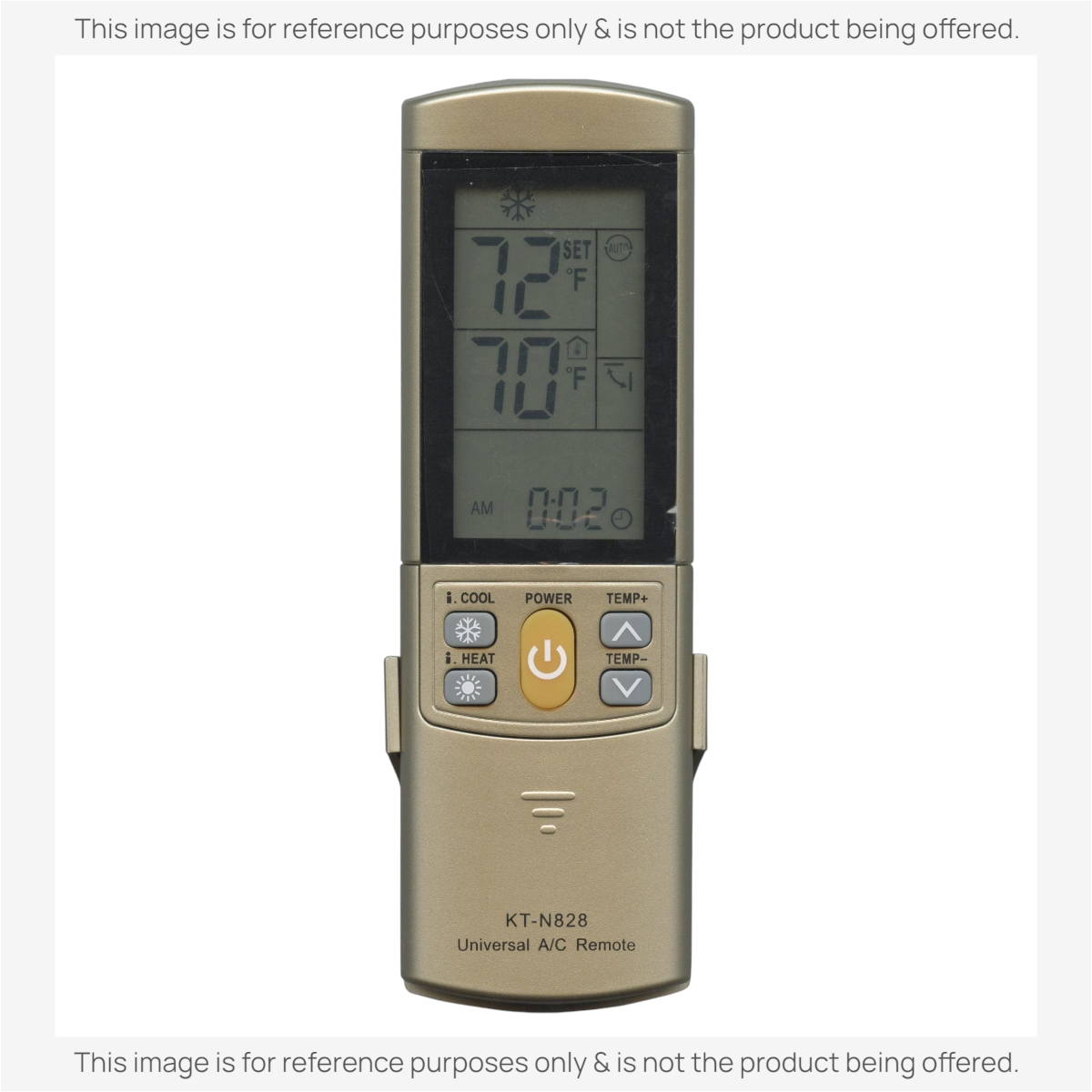 Anderic KTN828 gold universal air conditioner remote with a large backlit LCD screen and numeric control buttons.