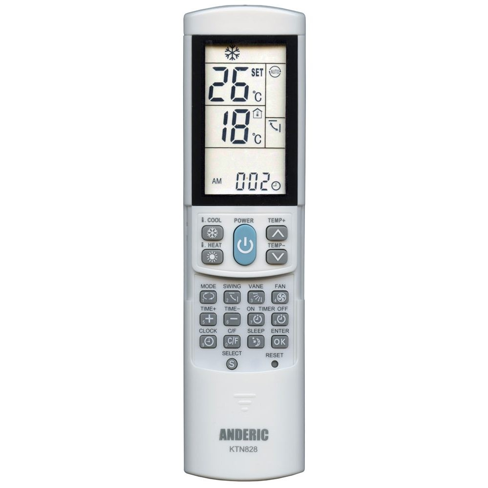 Anderic KTN828 universal air conditioner remote control with a backlit LCD screen displaying temperature settings.