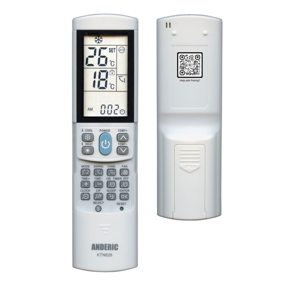 Anderic KTN828 universal air conditioner remote control with backlit LCD display, shown from front and back views.