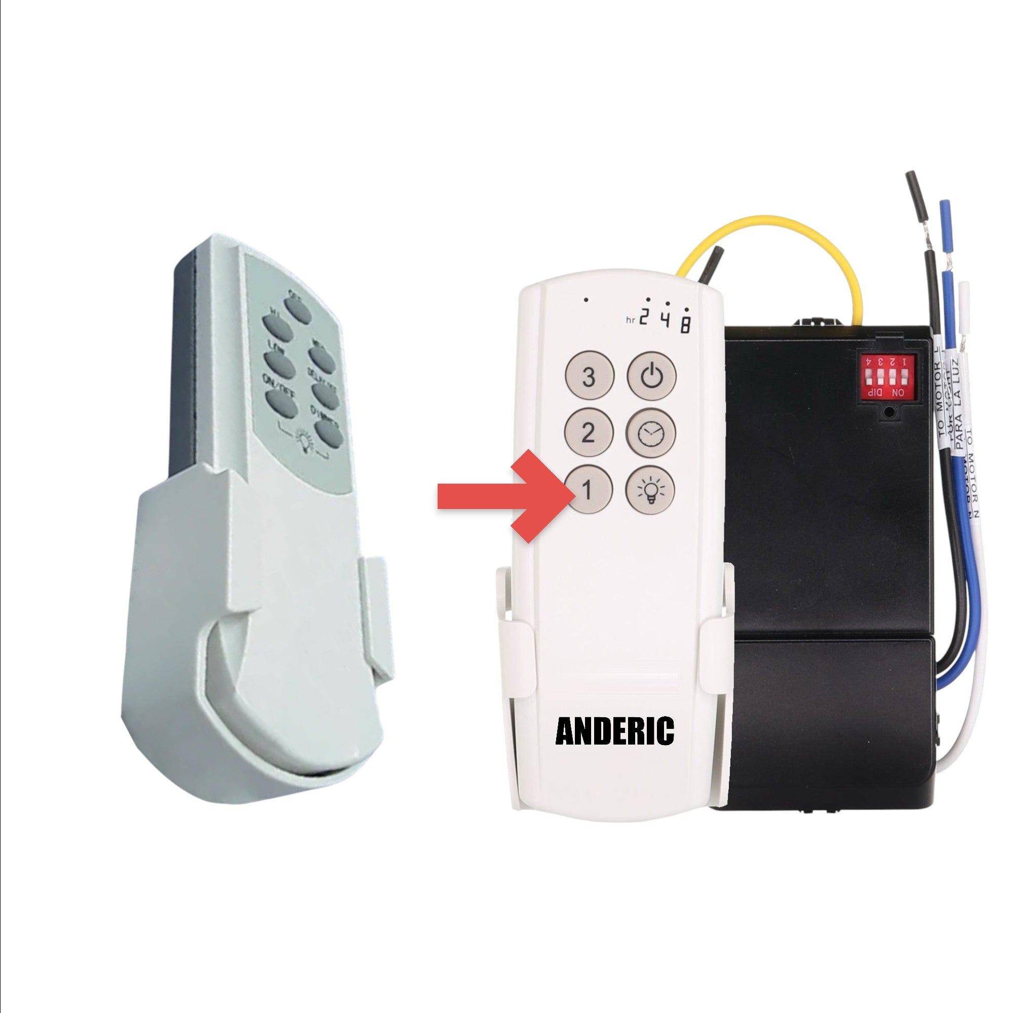 Anderic replacement ceiling fan remote control for KUJ9301 with speed and light dimming buttons in white plastic.
