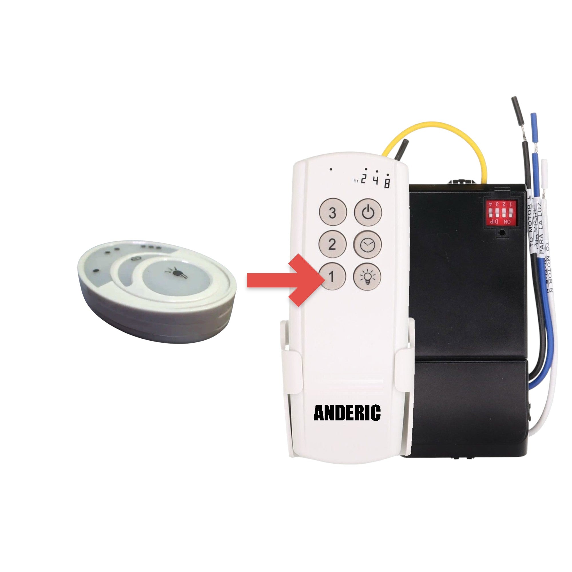 Anderic replacement ceiling fan remote control for KUJCE10608 with light dimming and fan speed buttons in white.