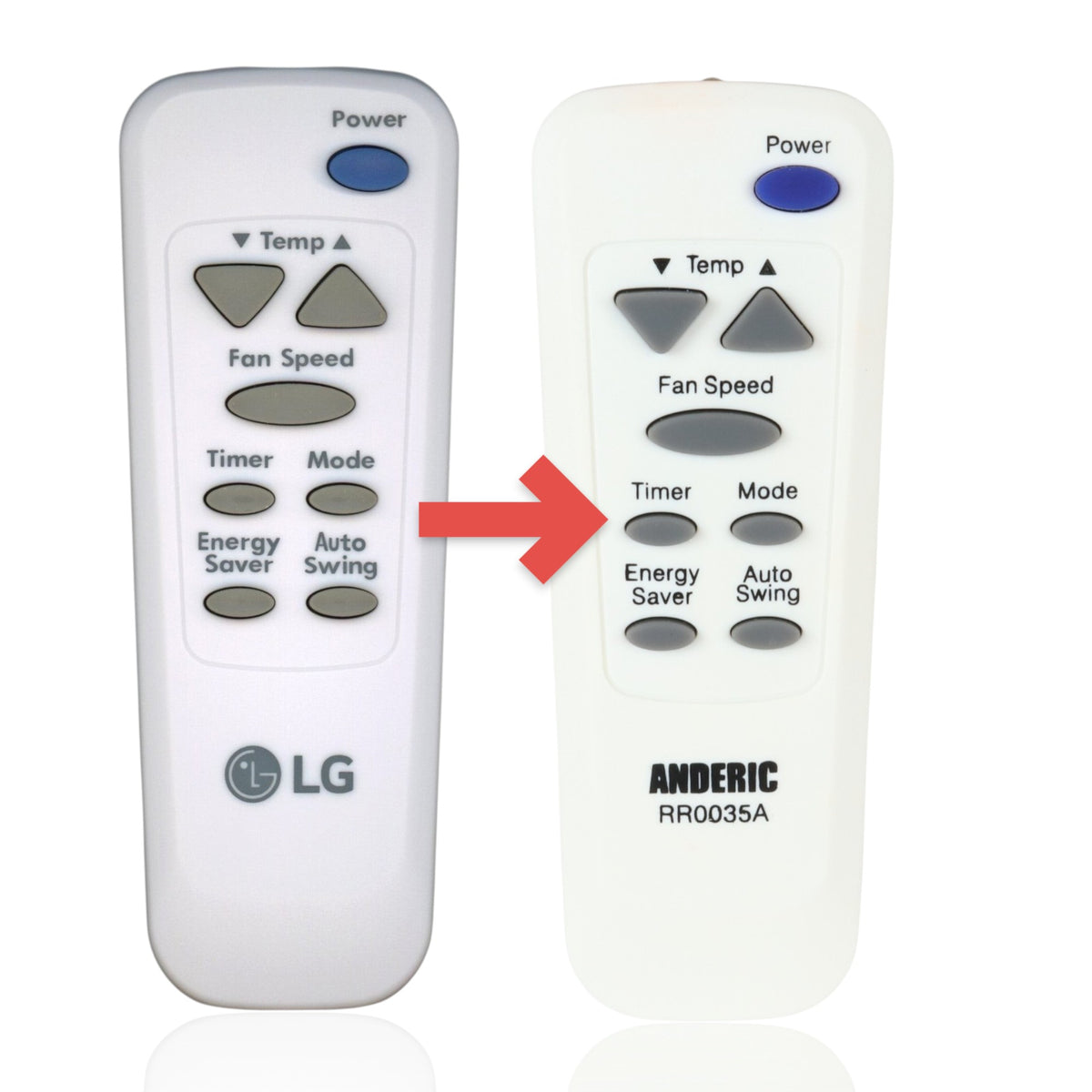 Anderic replacement remote control for LG air conditioners with white casing and grey buttons for temperature and fan