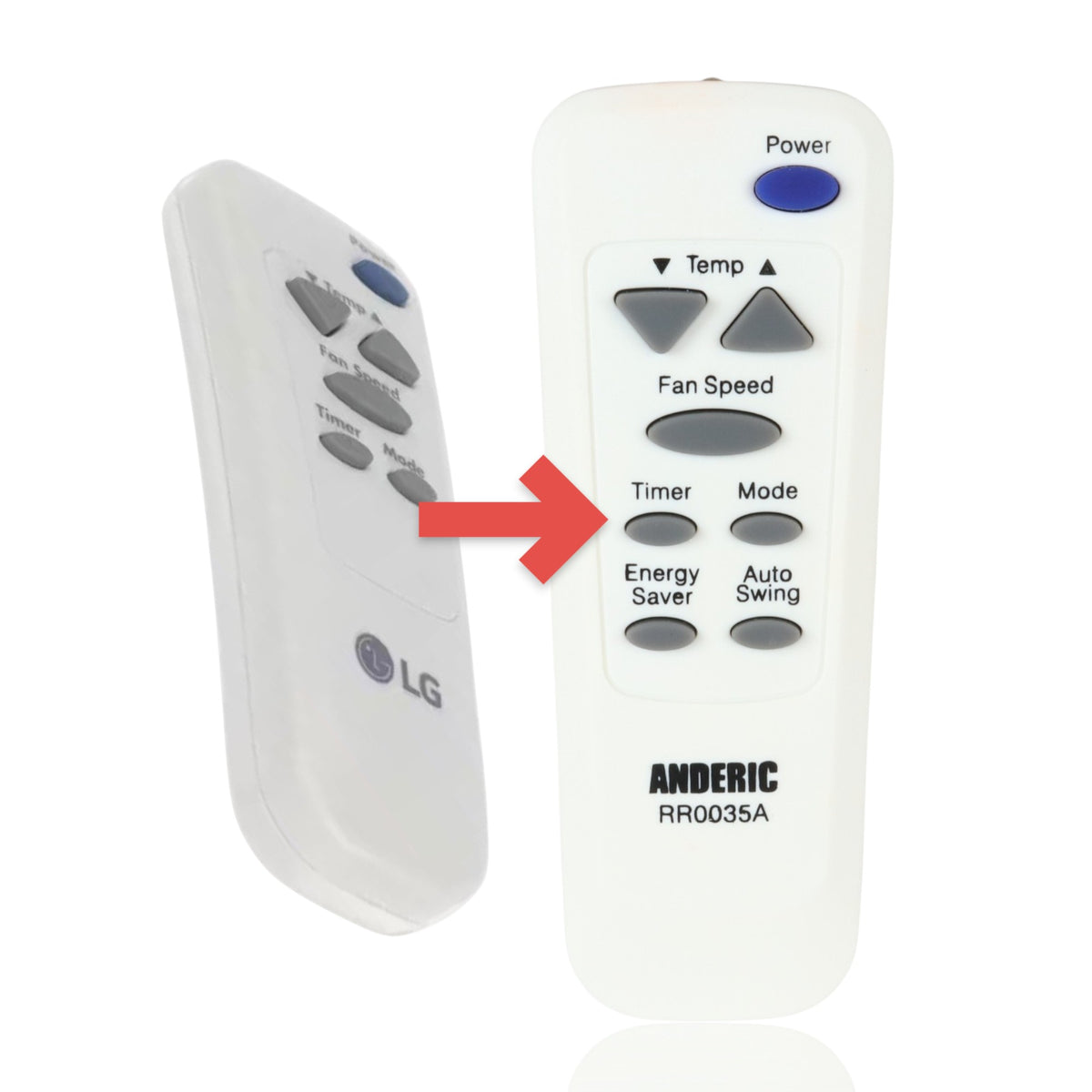 Anderic replacement remote control for LG air conditioners featuring temperature, fan speed, and mode buttons.