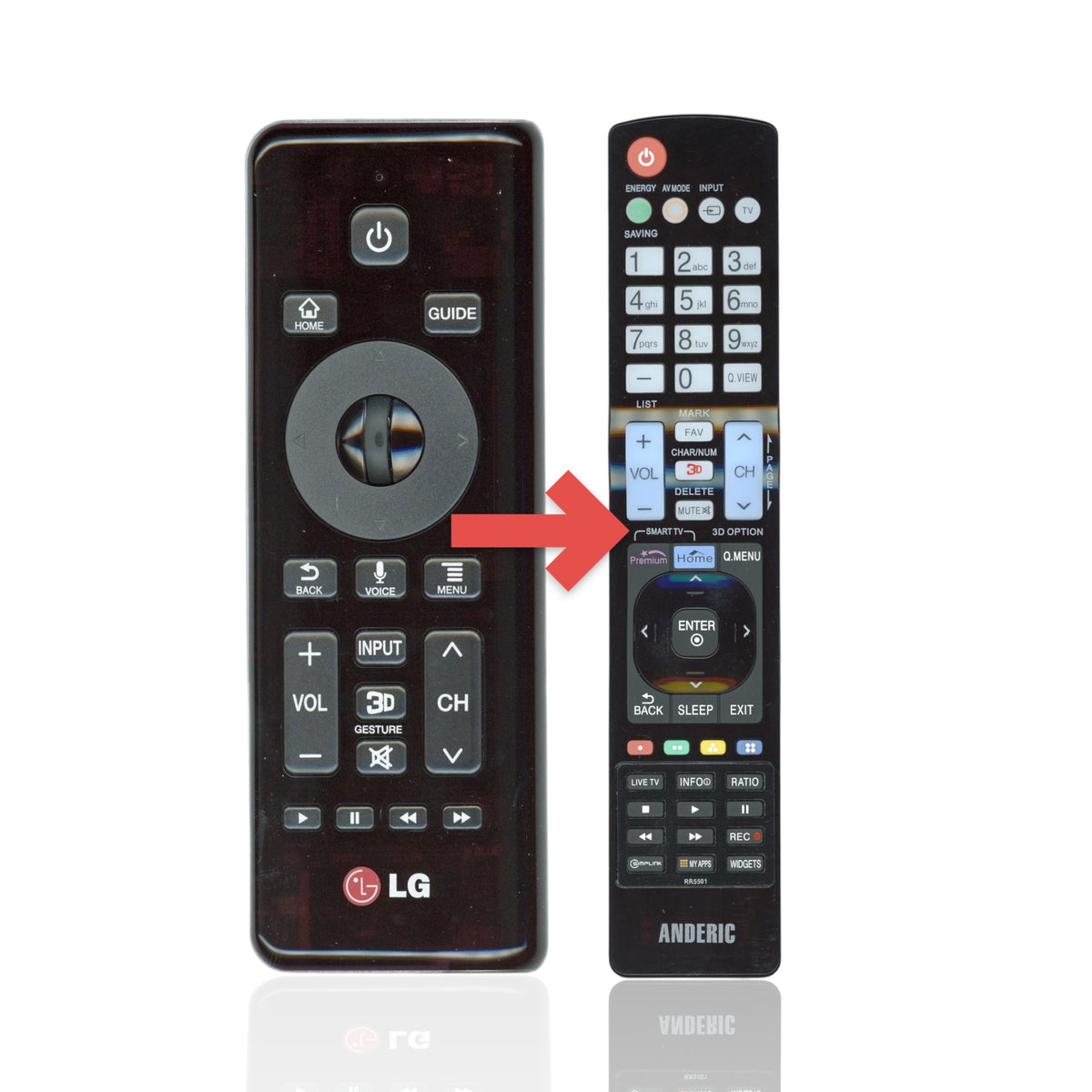 Anderic RR5501 black infrared replacement remote control for LG TVs with standard navigation and media buttons.