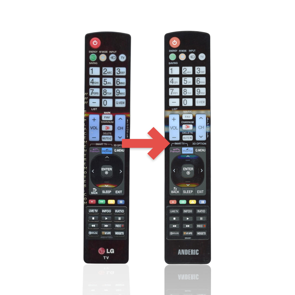 Anderic RR5501 black infrared replacement remote control for LG TVs with dedicated smart and 3D function buttons.