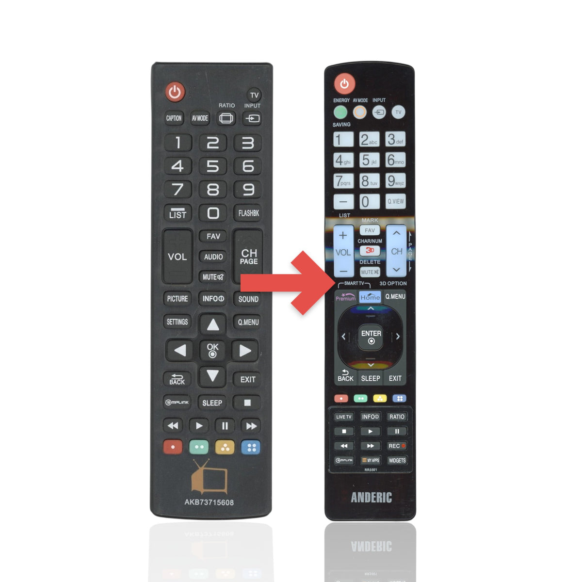 Anderic RR5501 replacement remote control for LG TVs featuring a black plastic body and standard button layout.