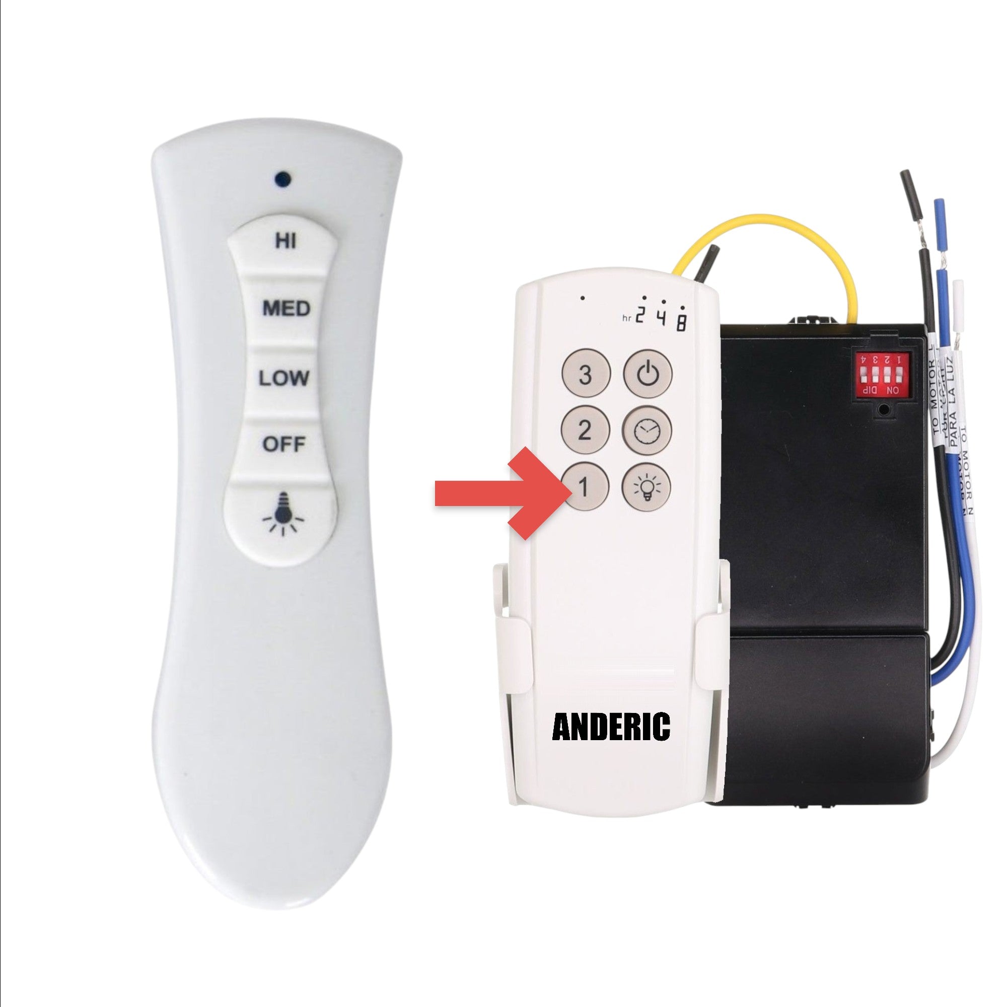 Anderic slimline ceiling fan remote control in white for Lucci fans with fan speed and light dimming buttons.