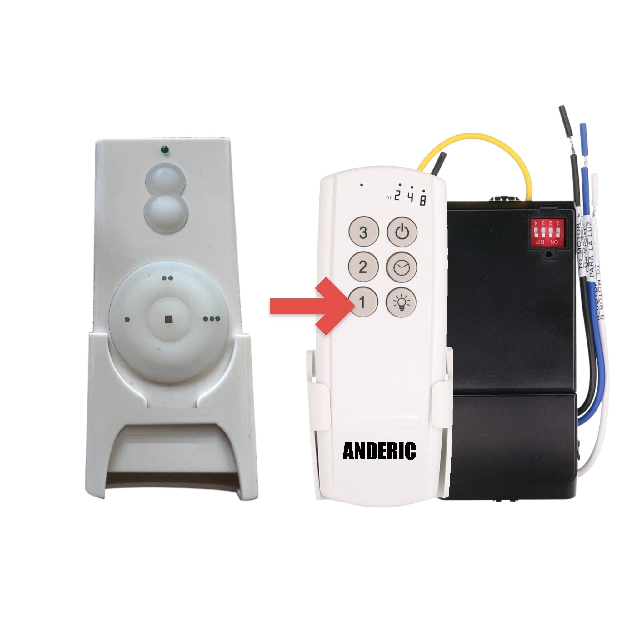 Anderic white 3-speed ceiling fan remote control, a direct substitute for Minka-Aire TR110A with wall mount cradle.