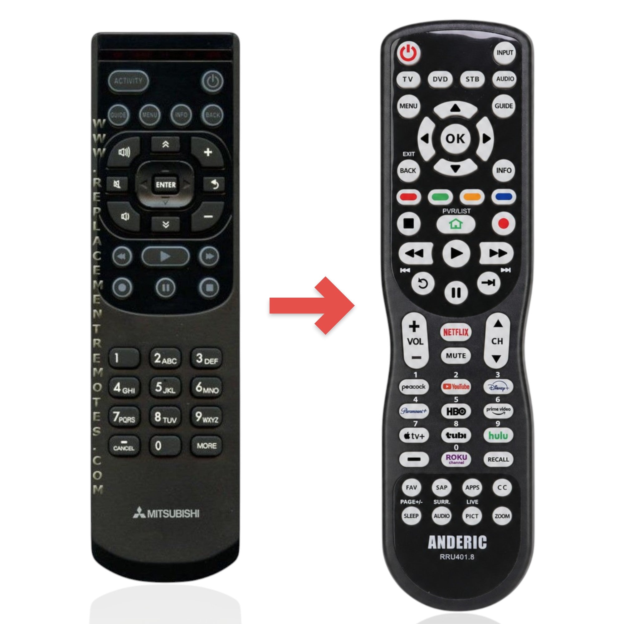 Anderic black Mitsubishi LCD HDTV replacement remote control with numeric keypad and media playback buttons.