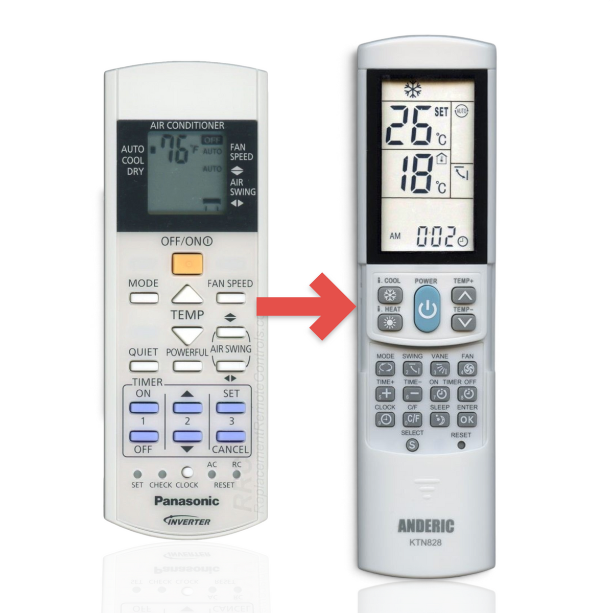 Anderic replacement remote for Panasonic air conditioners with LCD display, wall mount, and numeric programming keys.