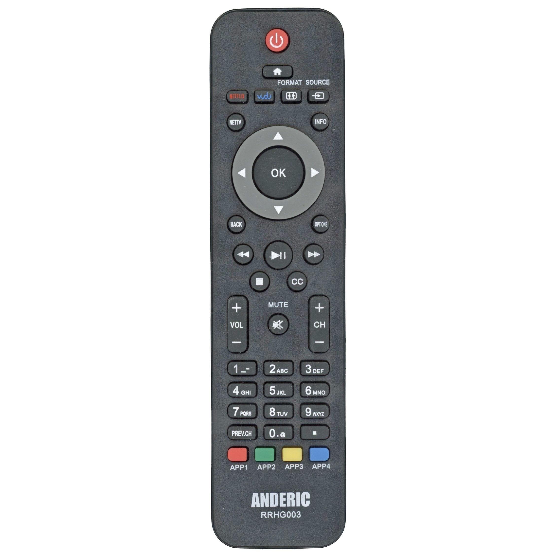 Anderic RRHG003 black replacement TV remote control for Philips televisions with dedicated app and menu buttons.