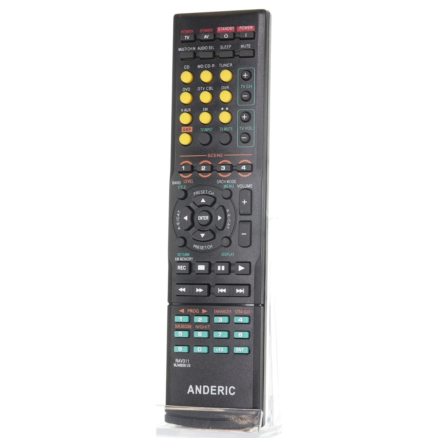 The Anderic RRAV311 for Yamaha Receiver Remote Control - RAV311, in black, stands upright against a white background, featuring multiple buttons for TV, audio, and media functions—ideal as a Yamaha remote replacement.