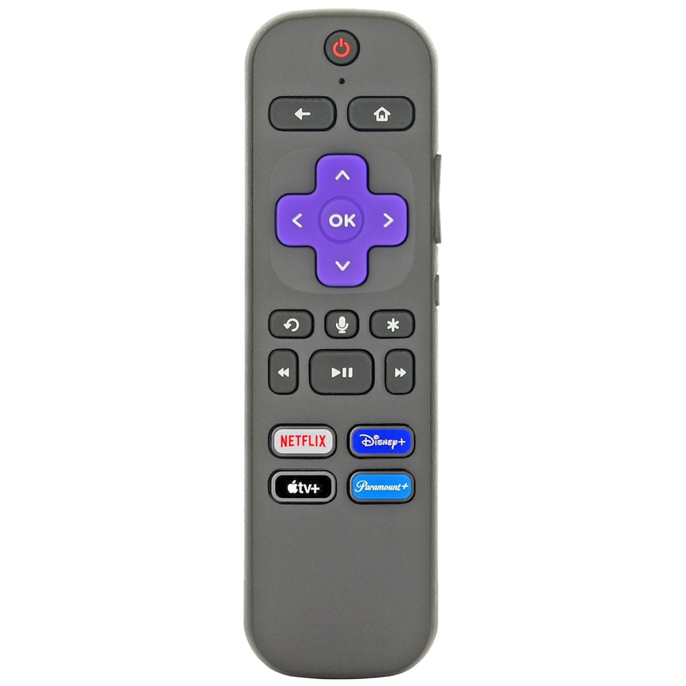 The Anderic RC-FA5 Universal for all Roku devices sports a sleek gray design, a purple directional pad, and buttons for power, home, Netflix, Disney+, Apple TV+, and Paramount+. Enjoy effortless voice control with versatile device compatibility.