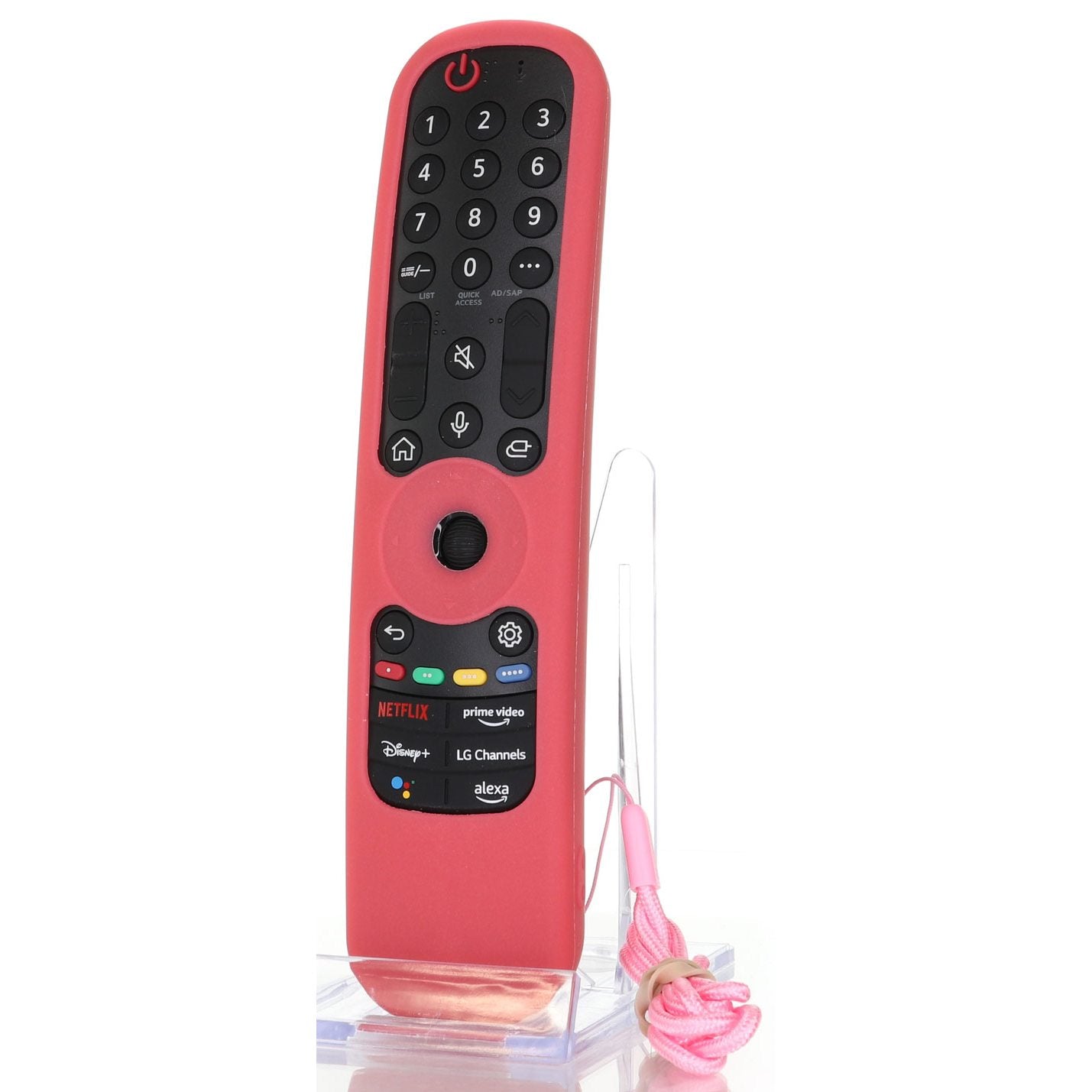 A red silicone protective case for the AN-MR21GA / AN-MR22GA LG Smart TV remote. It features black buttons and dedicated buttons for Netflix, Prime Video, Disney+, and LG Channels, complete with a pink wrist strap and an elegant clear base stand.