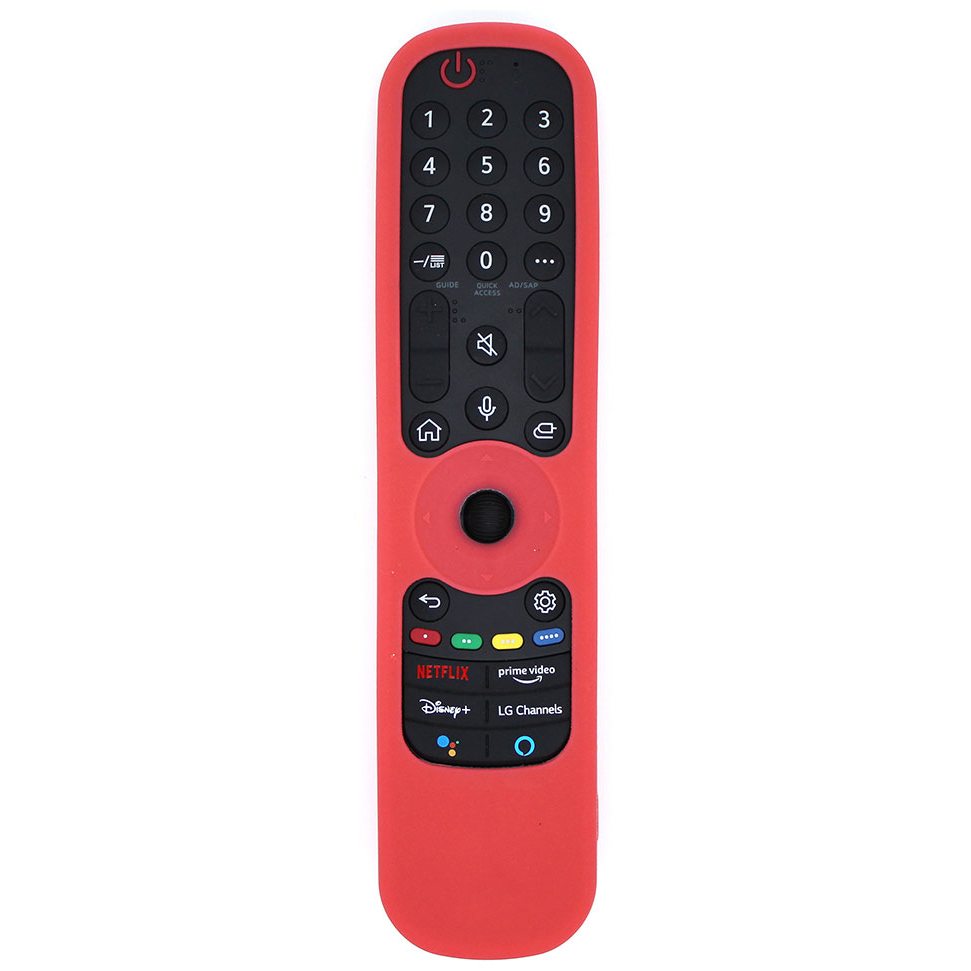 This red remote control comes with black buttons and playback controls, plus streaming shortcuts for Netflix, Prime Video, Disney+, and LG Channels. Compatible with the LG AN-MR21GA and can be paired with an AN-MR21GA / AN-MR22GA Silicone Protective Case for enhanced durability for your LG Smart TV Magic Remote.