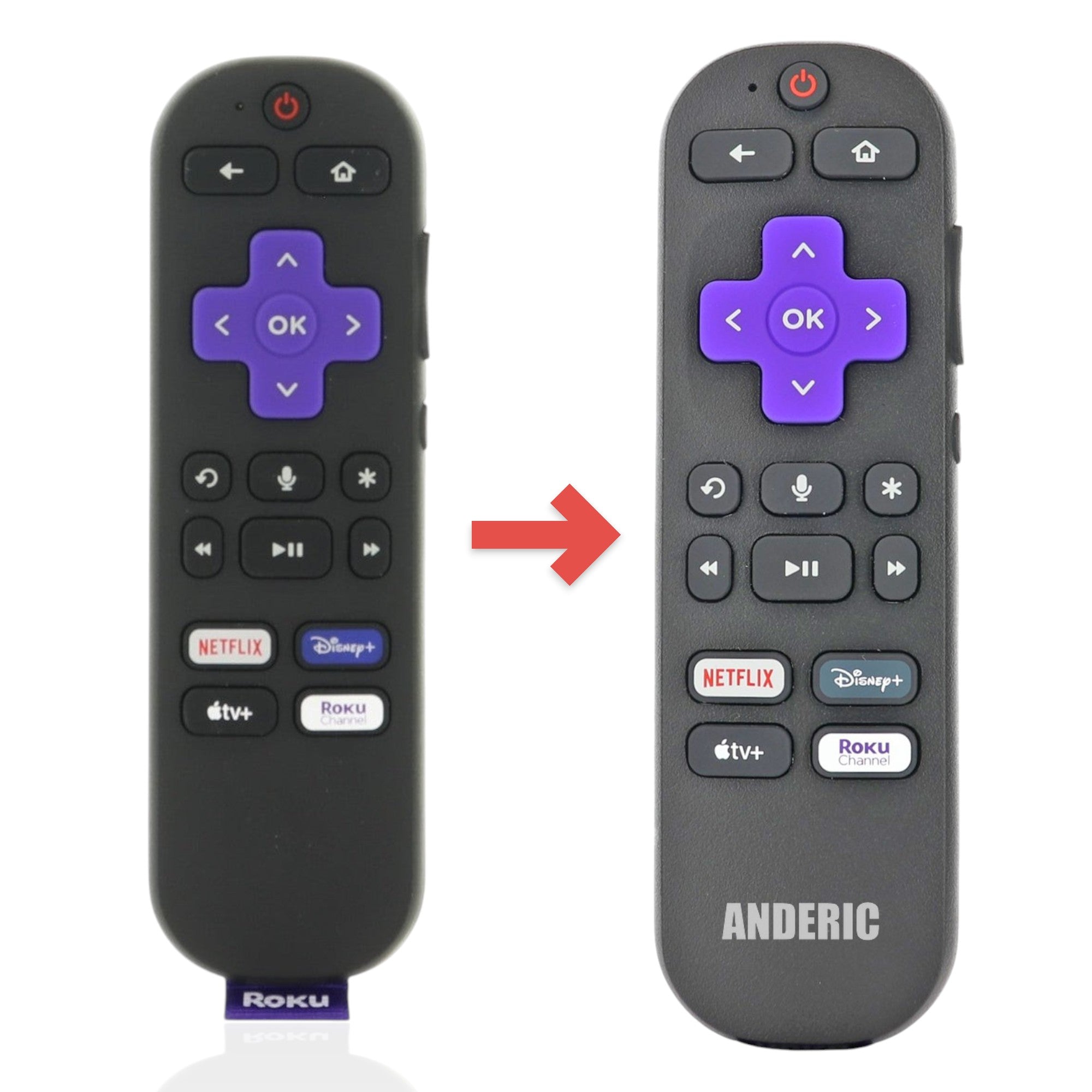 Anderic substitute Roku RC-GZ1 streaming stick remote with voice control, purple directional pad, and app shortcut buttons.