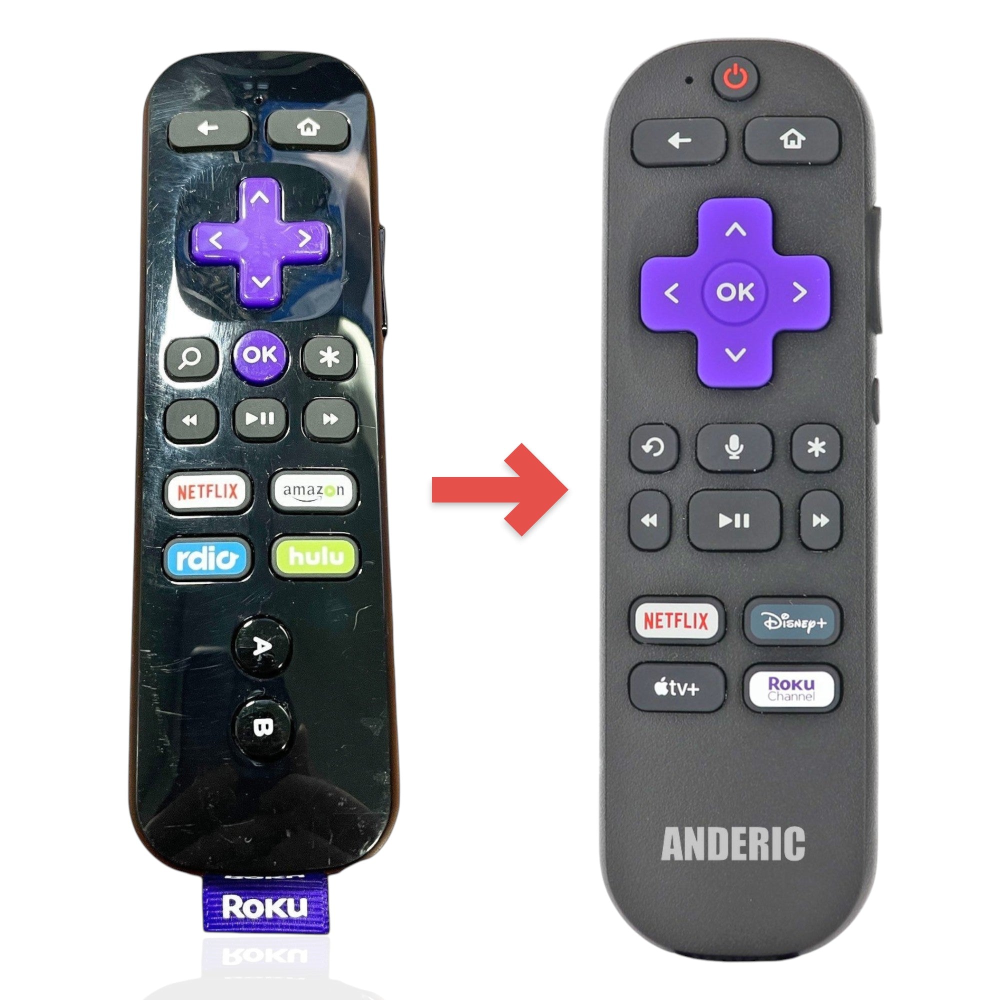 Anderic substitute remote control for Roku streaming devices featuring a purple directional pad and shortcut buttons.