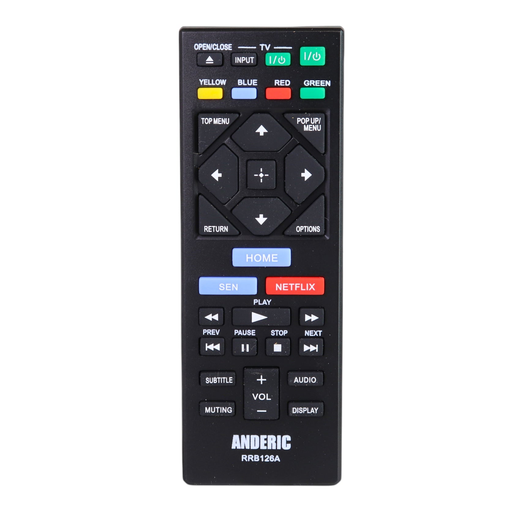 Anderic RRB126A black replacement remote control for Sony Blu-ray players with navigation, playback, and Netflix buttons.