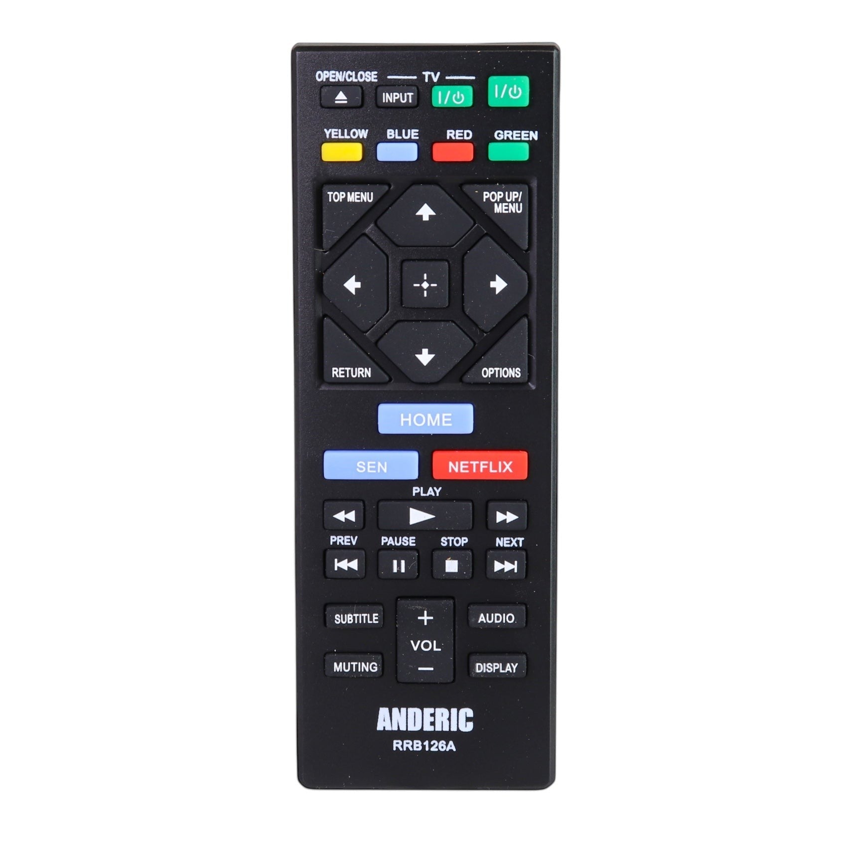 Anderic RRB126A black remote control for Sony Blu-ray players, with Netflix button.