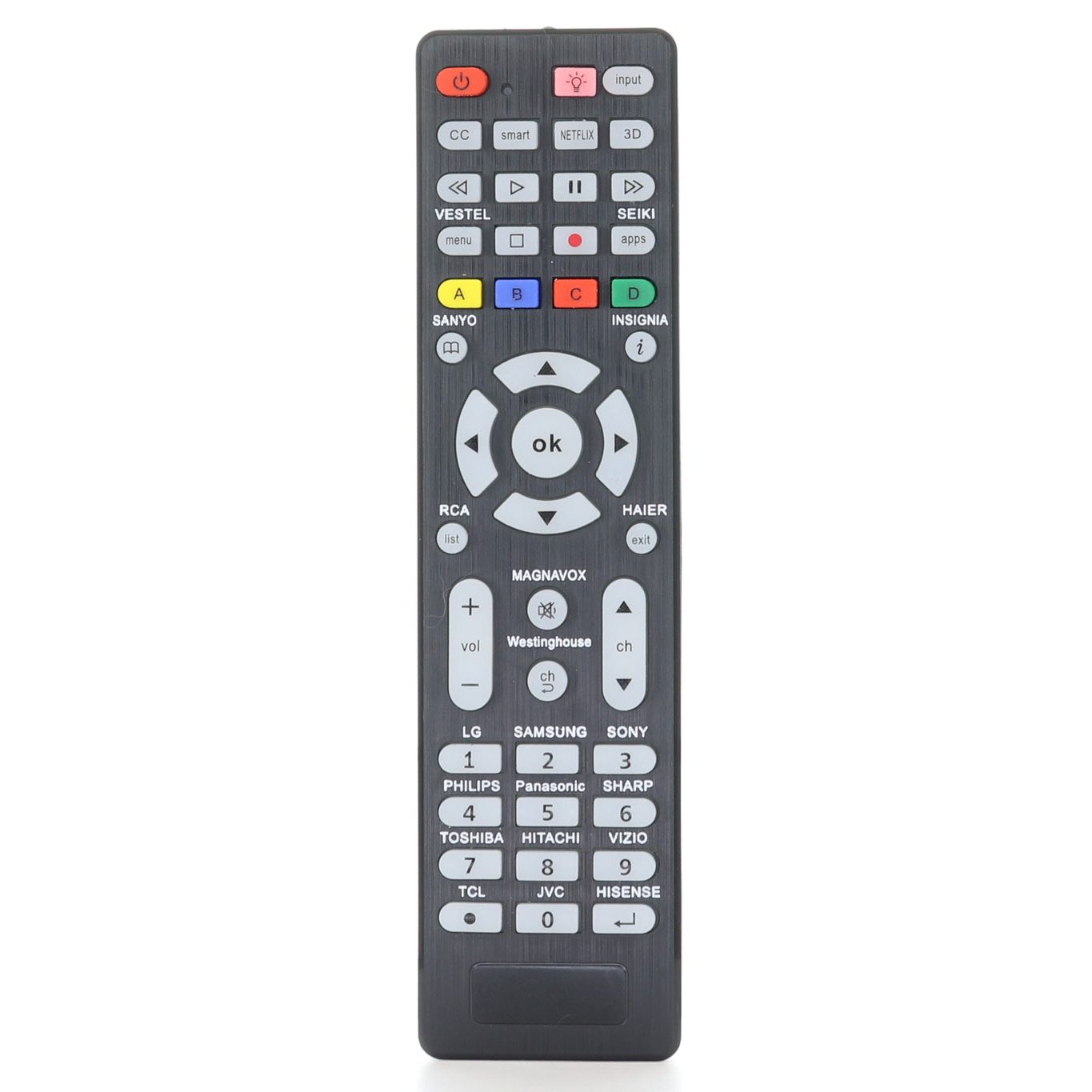 The Anderic RR1DTV App Remote is a backlit, 1-device universal remote for most Smart TVs, featuring TV function buttons, number pad, volume, and channel control on a white background. Ideal for users seeking simplicity and efficiency.