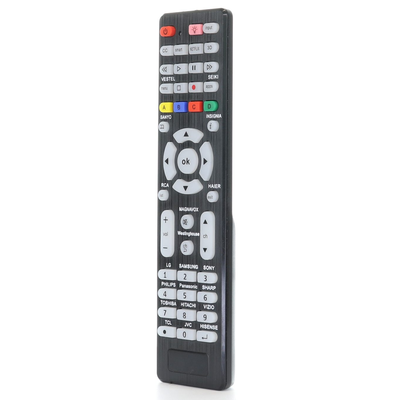 The Anderic RR1DTV is a 1-device universal remote control with a sleek black design, backlight feature, and quick programming for use with most Smart TVs.