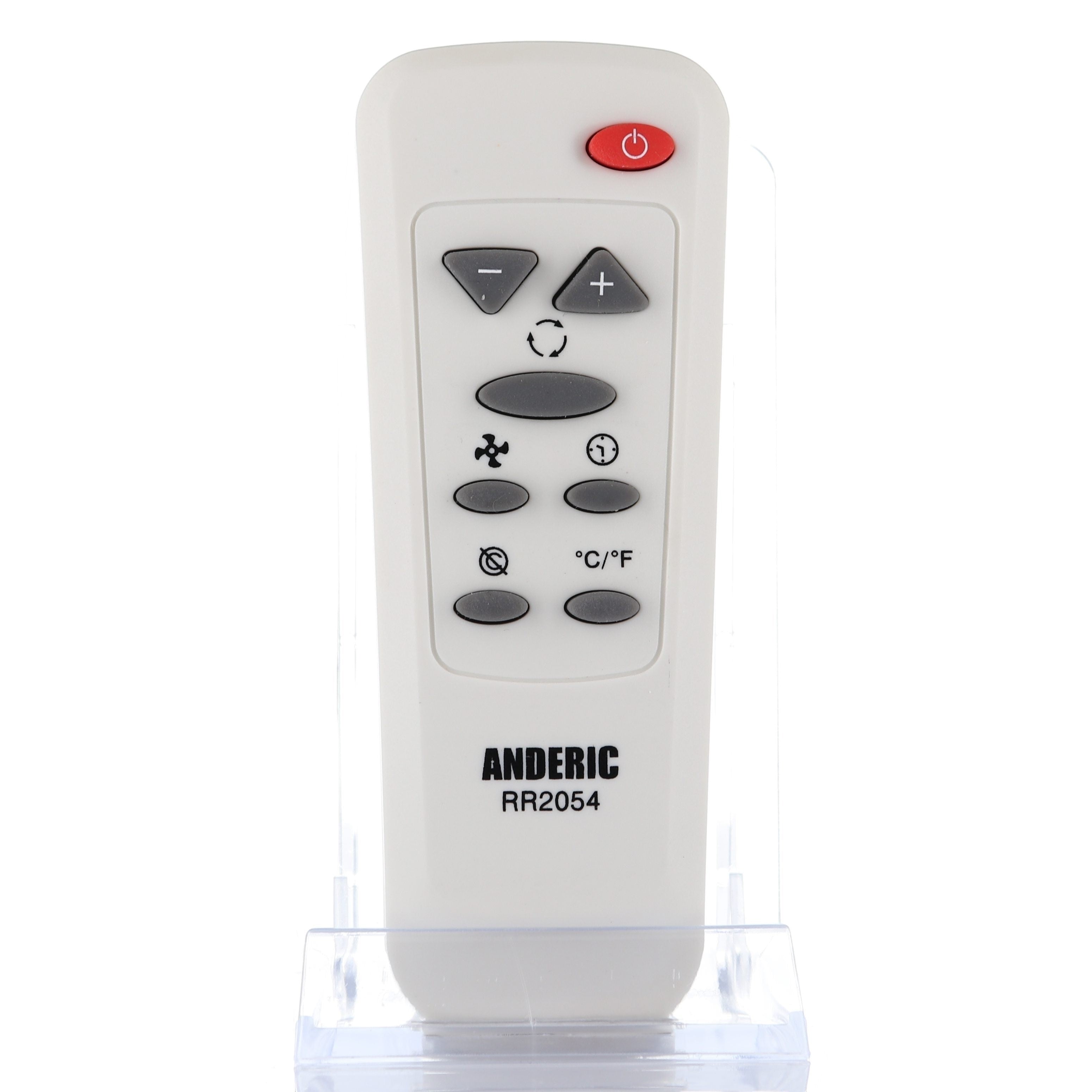 Anderic RR2054 white portable air conditioner remote control with power, temperature, fan speed, timer, and mode buttons.